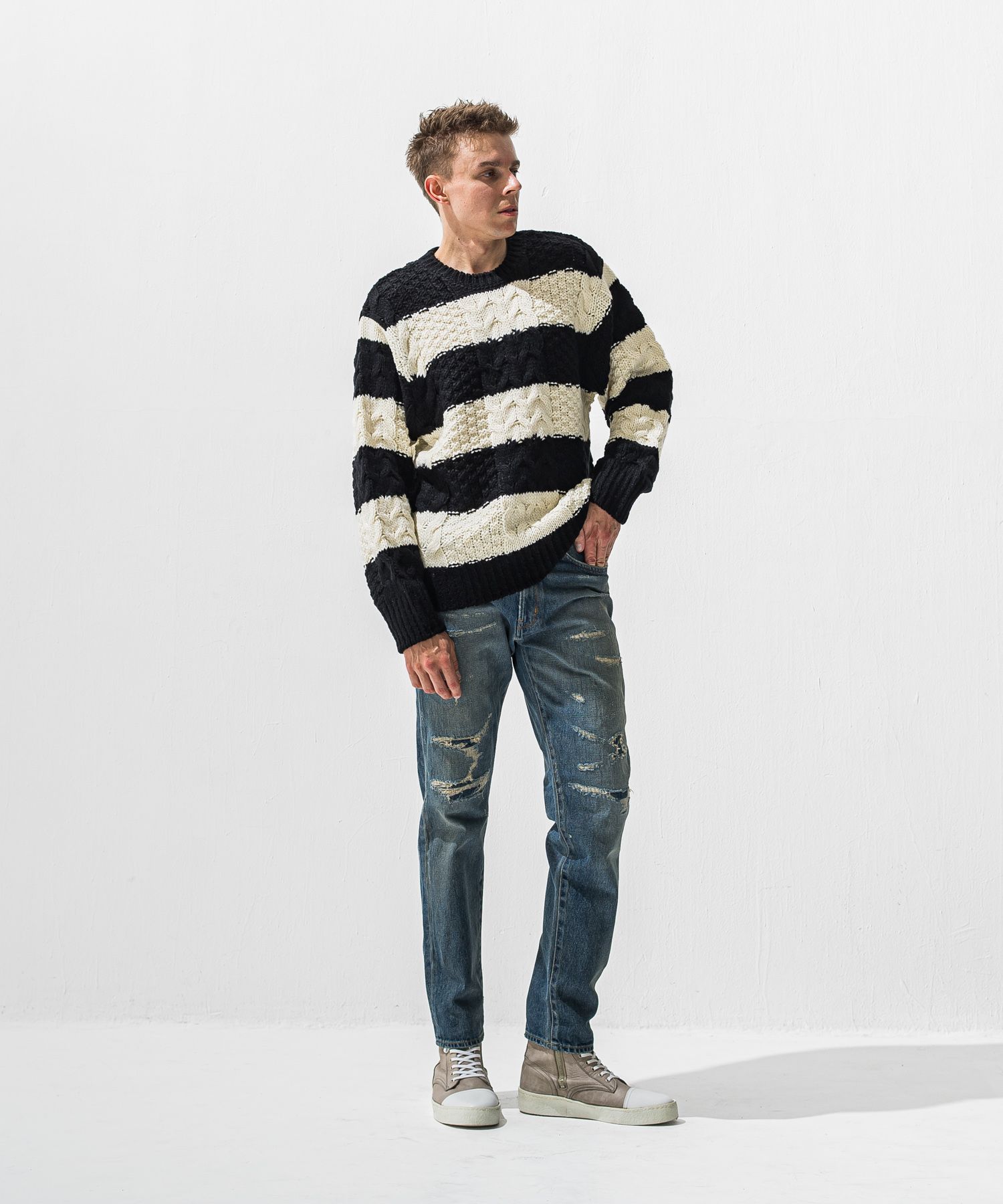 CABLE LAW SWEATER / ケーブル編み ローゲージセーター (ブラック/ホワイト) (10月下旬入荷予定) ※オーダー締切:9月7日(月)17時