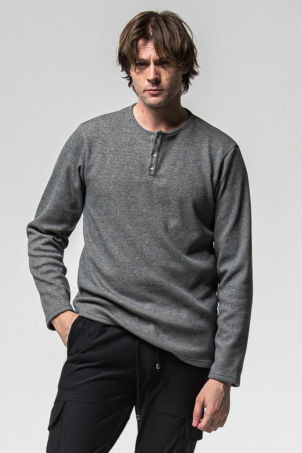 VELOURS FLEECE THERMAL HENRY / 裏起毛 サーマル生地 ロングスリーブ ヘンリーネック (グレー) (10月中旬入荷予定) ※オーダー締切：9月1日(月)18:00