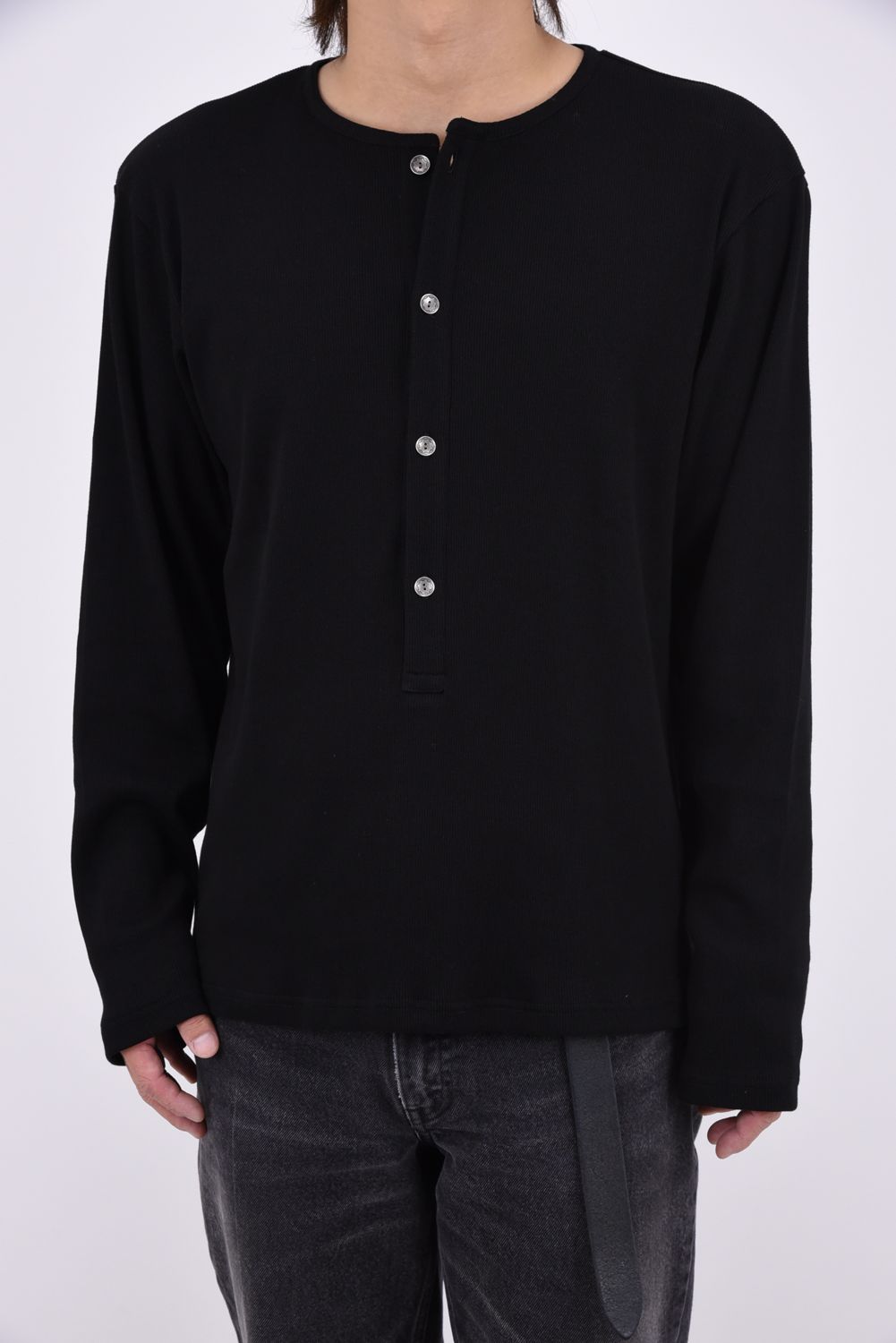 RIB HENRY LONGSLEAVE / ヘンリーネック リブニットロングスリーブTシャツ (ブラック)