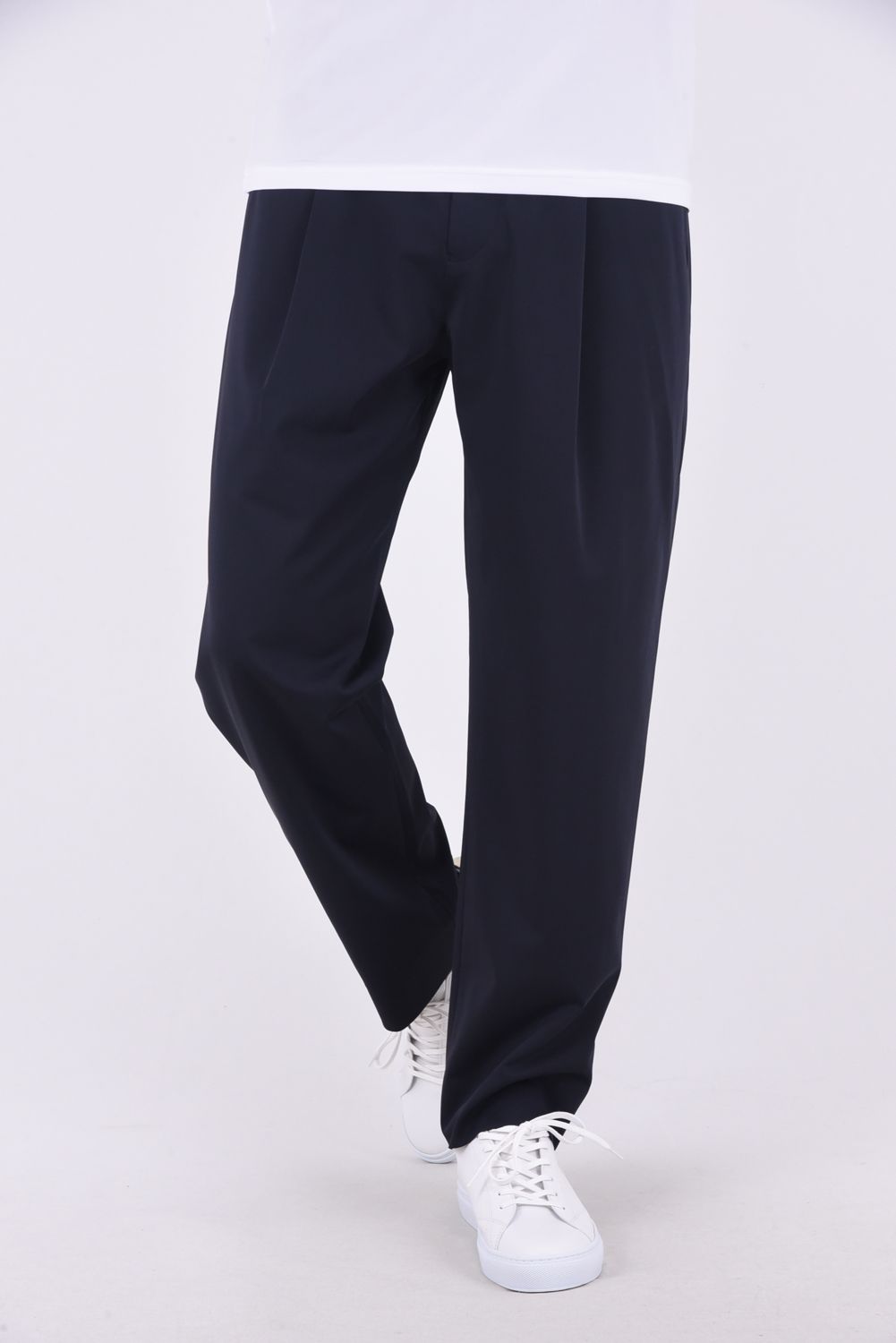 1OUT-PLEATS PANTS - STRETCH JERSEY / ポリエステルジャージー 1アウトプリーツ スラックス ネイビー