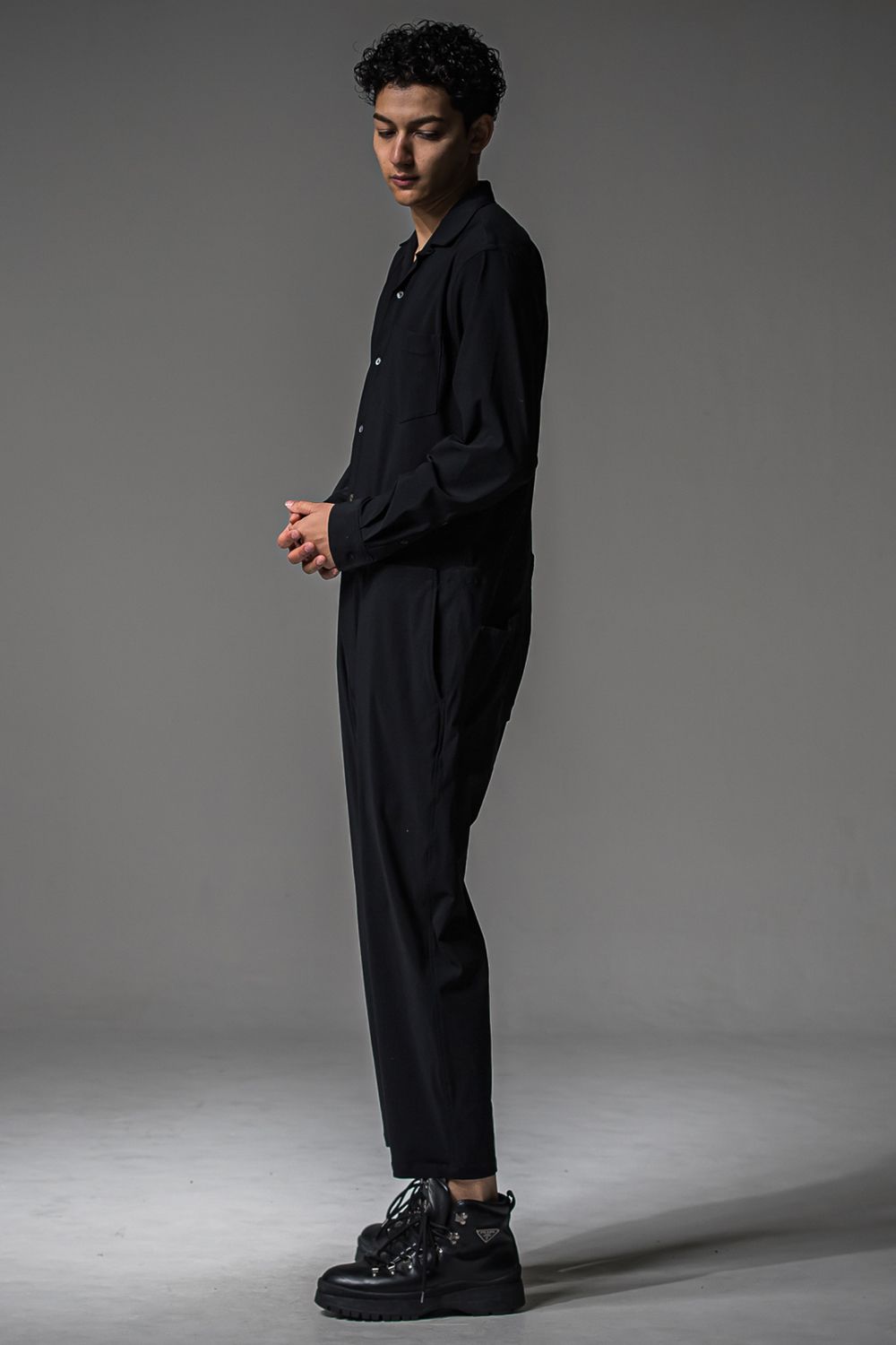 RAGE NYLON ALL IN ONE / ストレッチナイロン ロングスリーブ オープンカラーシャツ オールインワン (ブラック) (3月中旬入荷予定) ※オーダー締切12/13(土)17:00