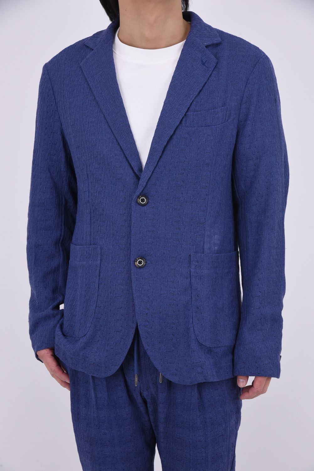 【26SS】【セットアップ】 LINEN TOUCH JACQUARD JACKET & SLACKS / リネンタッチ テーラードシングルジャケット&イージースラックス (ブルー)