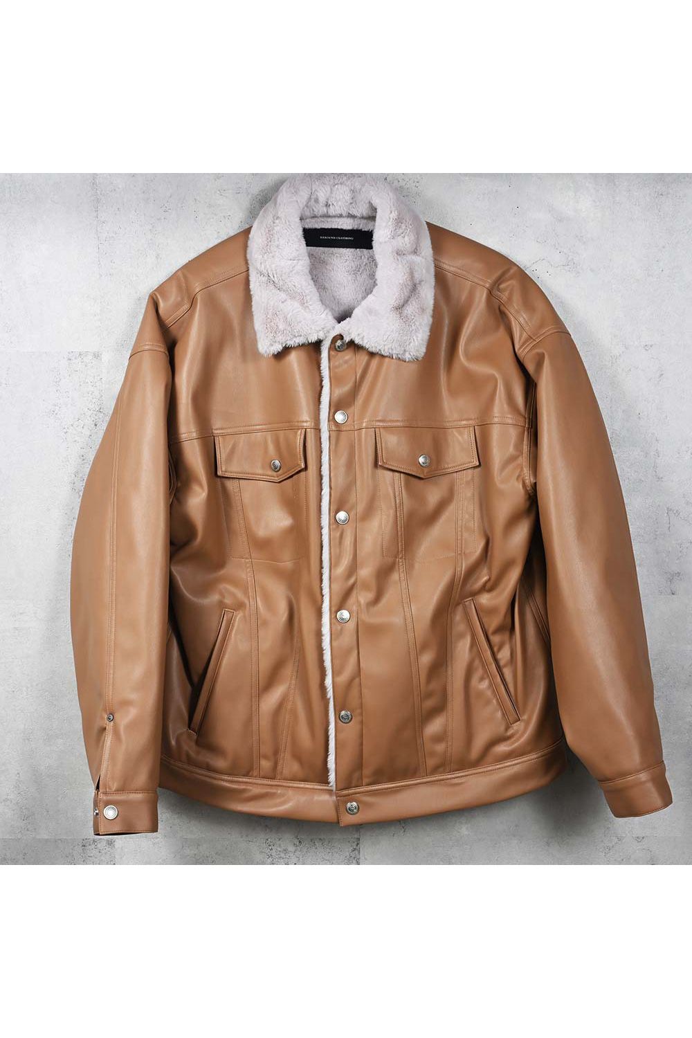 LEATHER FUR OVER  G /  エコレザー オーバーサイズ デニムジャケット (キャメル) (11月中旬入荷予定) ※オーダー締切：9月1日(月)18:00