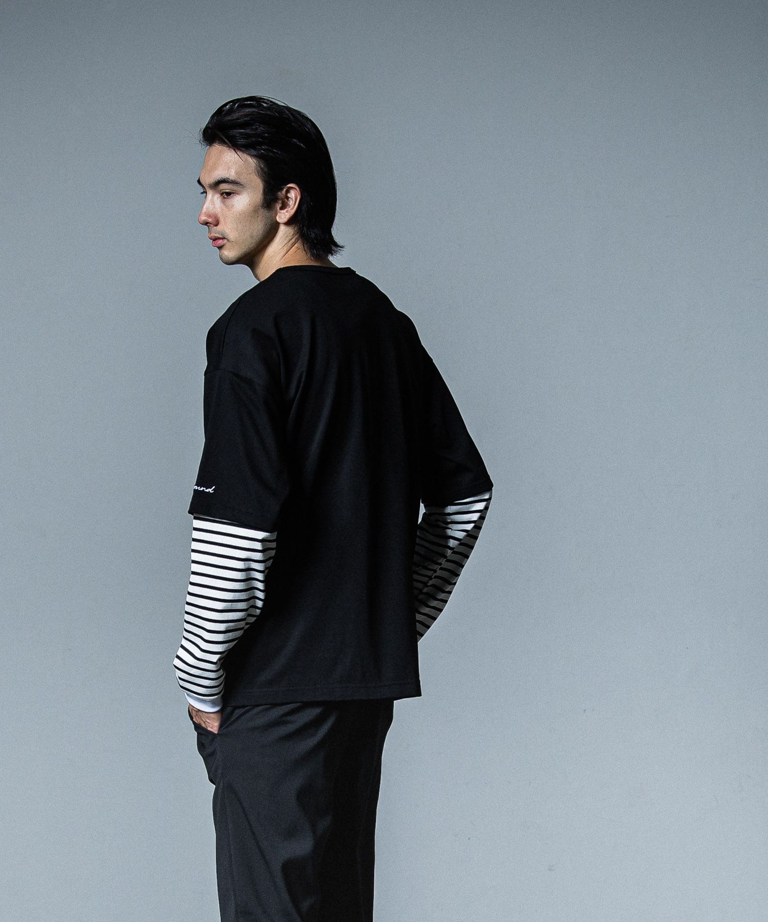 FAKE LAYERED LONGSLEEVE / ロングスリーブフェイクレイヤードTシャツ ブラックボーダー
