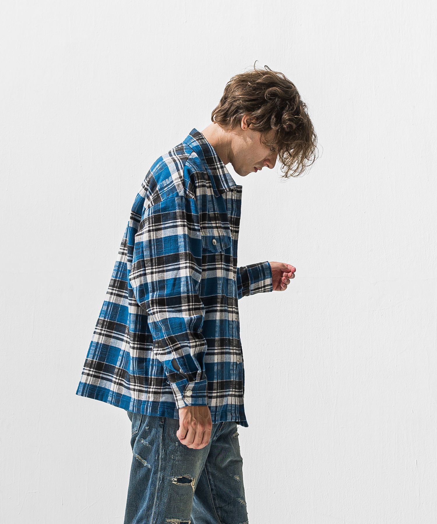old slabl check  JK  / スラブチェック柄 オーバーサイズ ヴィンテージネルジャケット (ブルー) (12月末入荷予定) ※オーダー締切:9月7日(月)17時