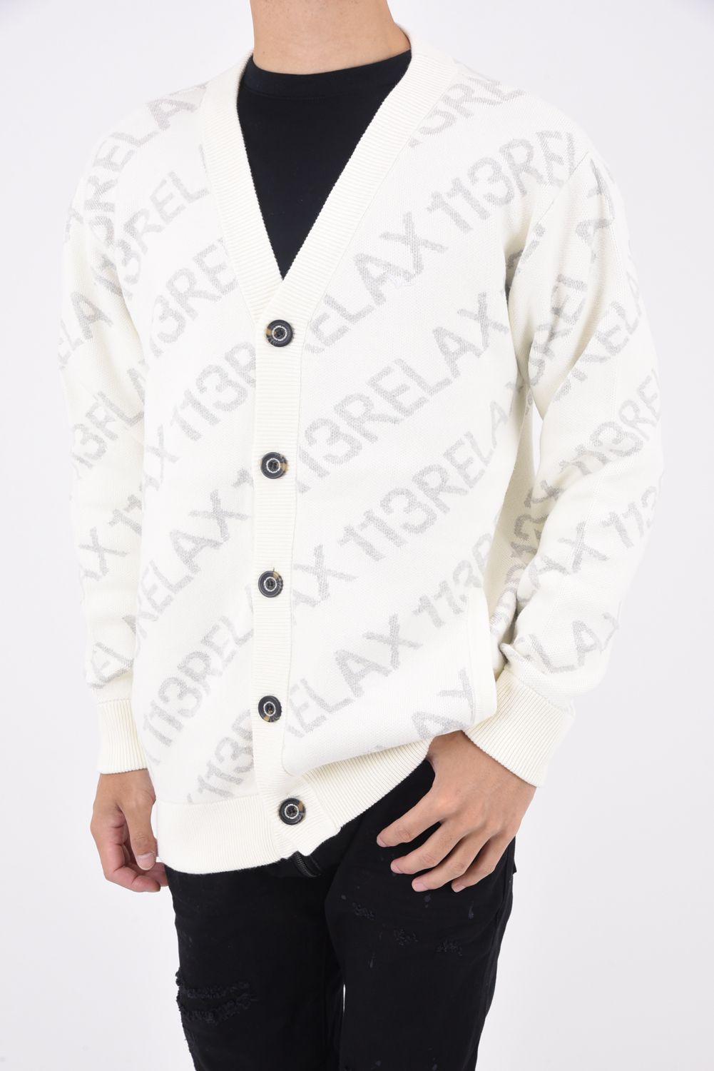 DIAGONAL LOGO CARDIGAN / 総柄ロゴ ニットカーディガン ホワイト