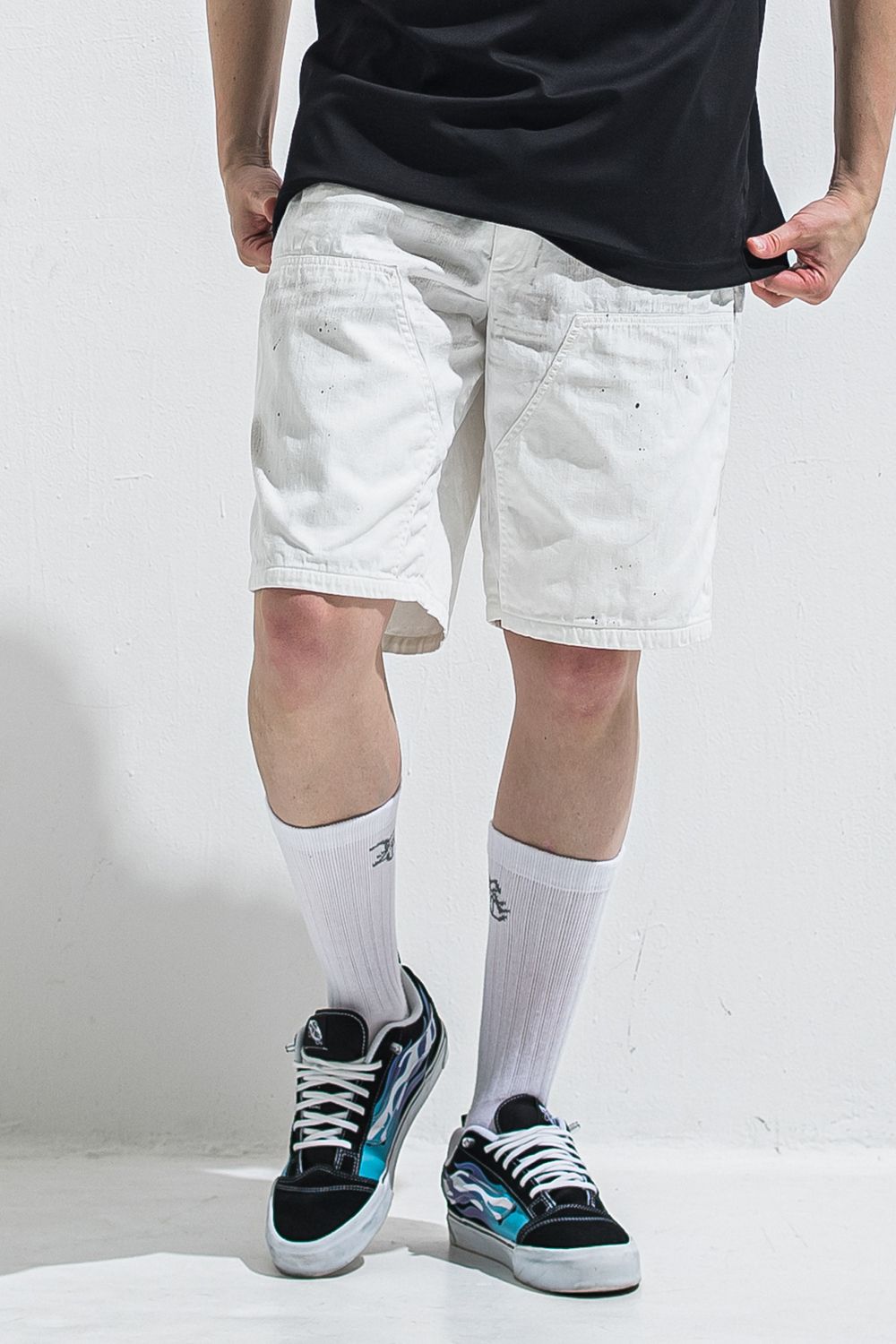 DOUBLE KNEE SHORTS / ダンガリー生地 ダブルニーハーフパンツ (ホワイト) (6月上旬入荷予定) ※オーダー締切:2月15日(日)18時