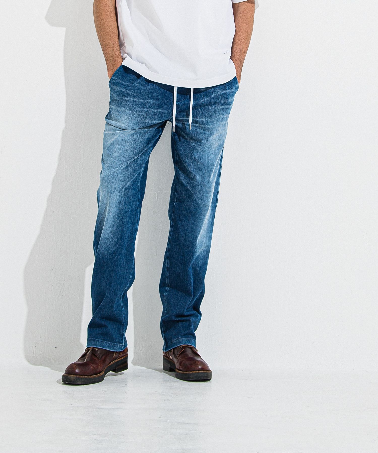 DENIM JERSEY WIDE PT / ジャージデニム セミワイド ワンタック スラックス型イージーパンツ ダークインディゴ