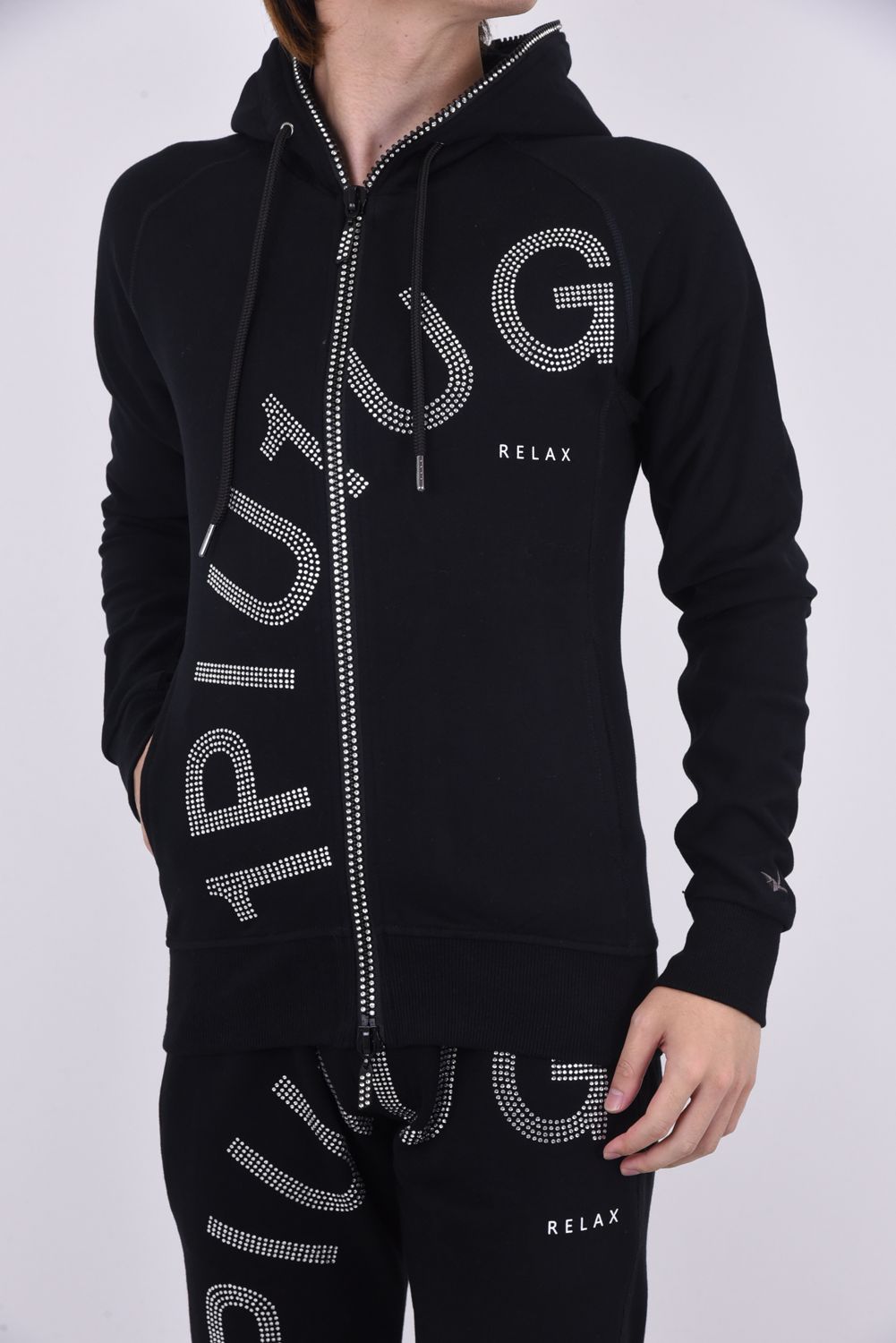 1PIU1UGUALE3 RELAX - RHINESTONE ARCH LOGO ZIP HOODIE