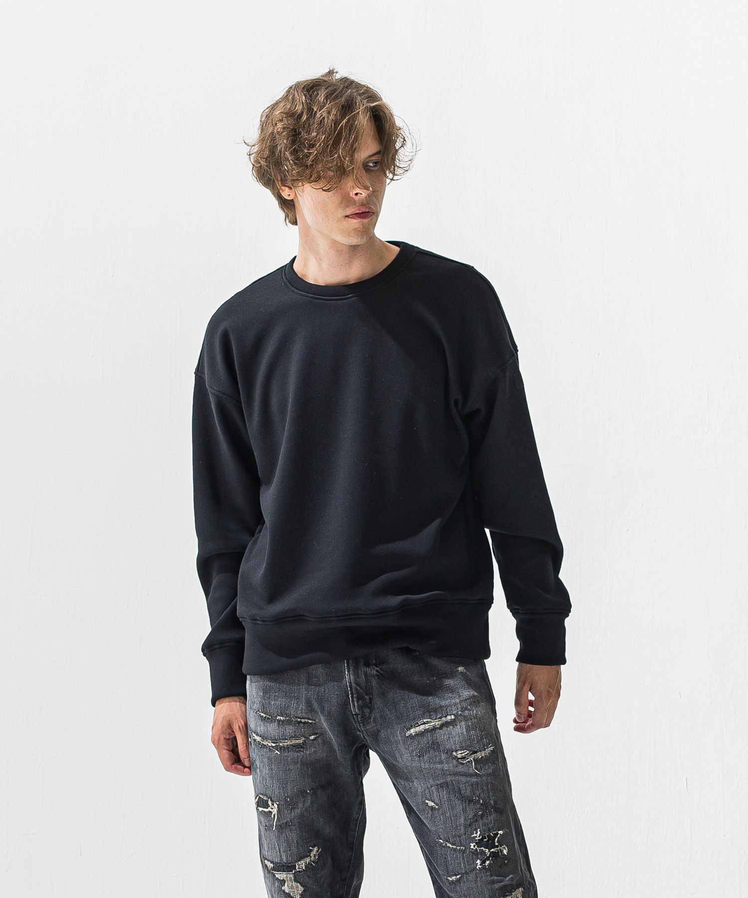 PIN ST RC VELOURS FLEECE DROP TRAINER / ピンストライプロゴ 裏起毛 ルーズトレーナー (ブラック) (11月上旬入荷予定) ※オーダー締切:9月7日(月)17時