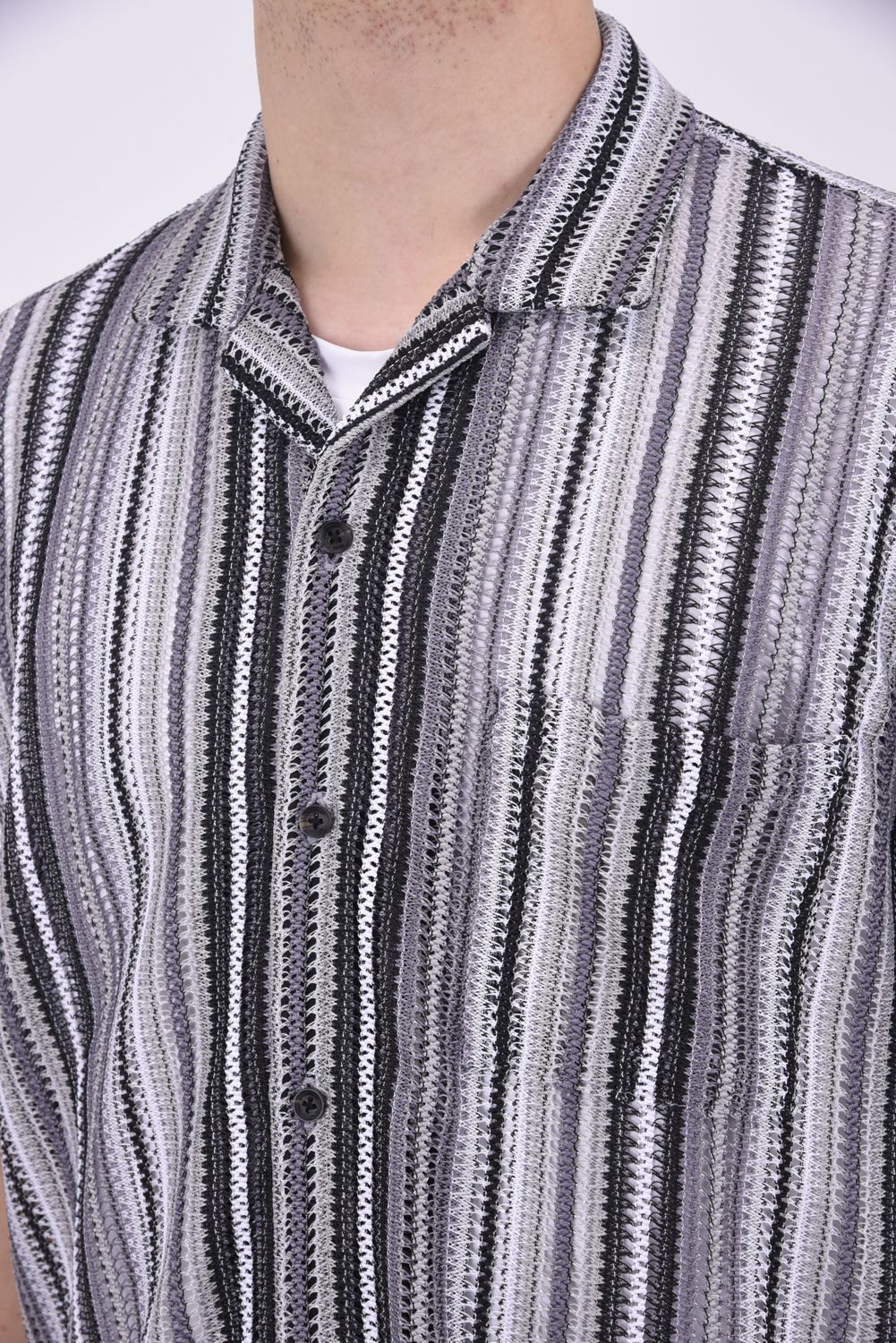 GAP KNIT STRIPED SHIRT / 透かし編み ストライプニット シャツ グレー