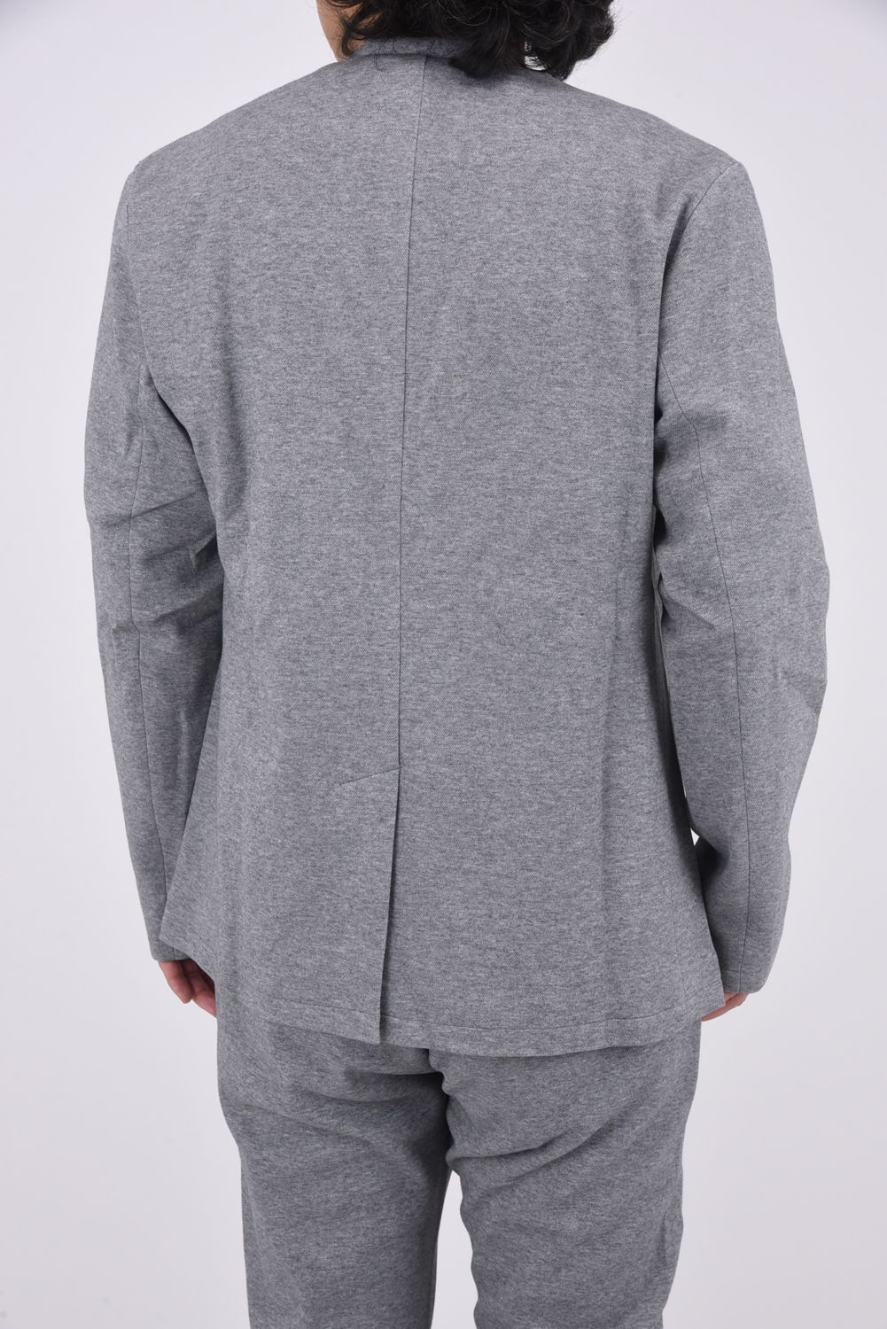 COLLARLESS CUT AND SEW JACKET / ノーカラー鹿の子ニットジャケット グレー