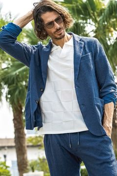 【26SS】【セットアップ】 LINEN TOUCH JACQUARD JACKET & SLACKS / リネンタッチ テーラードシングルジャケット&イージースラックス (ブルー)