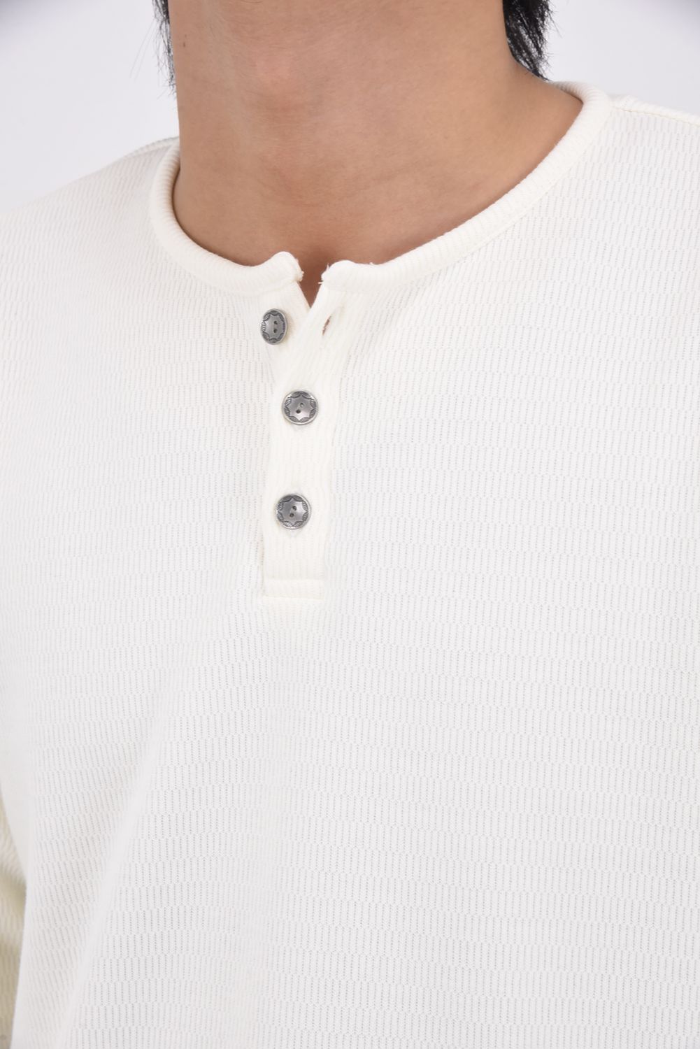 VELOURS FLEECE THERMAL HENRY / 裏起毛 サーマル生地 ロングスリーブ ヘンリーネック (ホワイト)