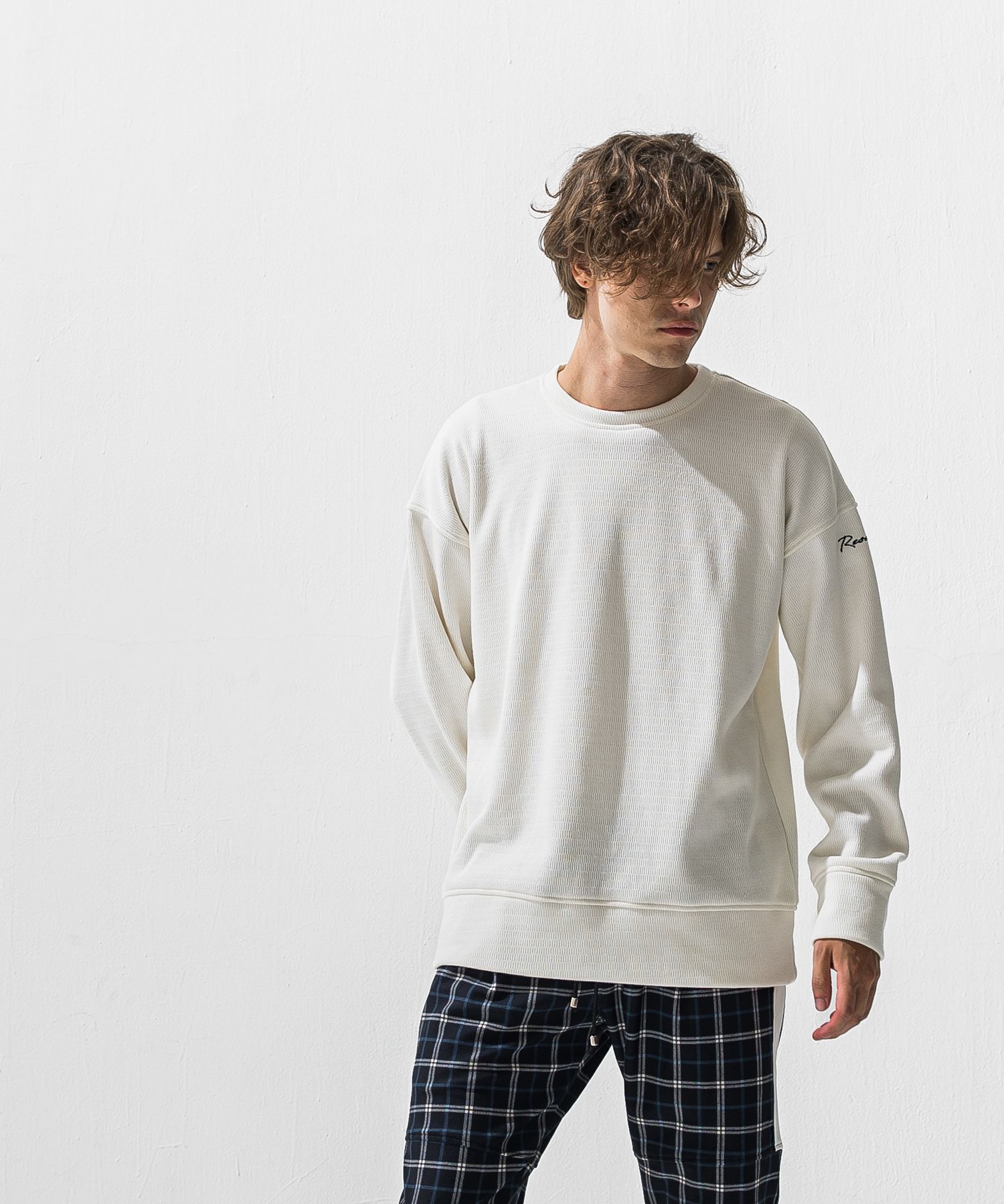 VELOURS FLEECE THERMAL  LOOSE TRAINER / 裏起毛 サーマル生地 ロングスリーブ トレーナー (ホワイト) (10月下旬入荷予定) ※オーダー締切:9月7日(月)17時