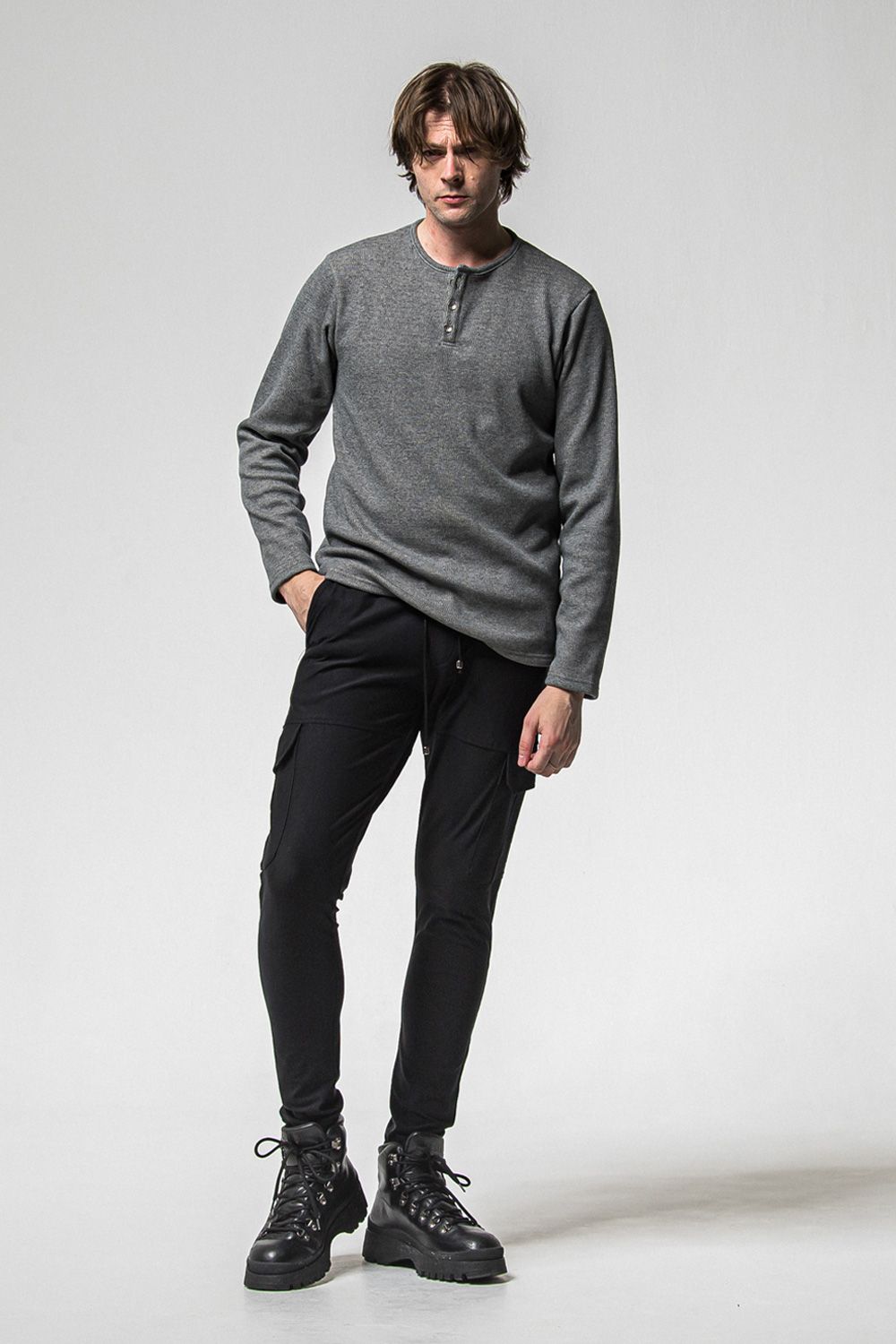 VELOURS FLEECE THERMAL HENRY / 裏起毛 サーマル生地 ロングスリーブ ヘンリーネック (グレー) (10月中旬入荷予定) ※オーダー締切：9月1日(月)18:00