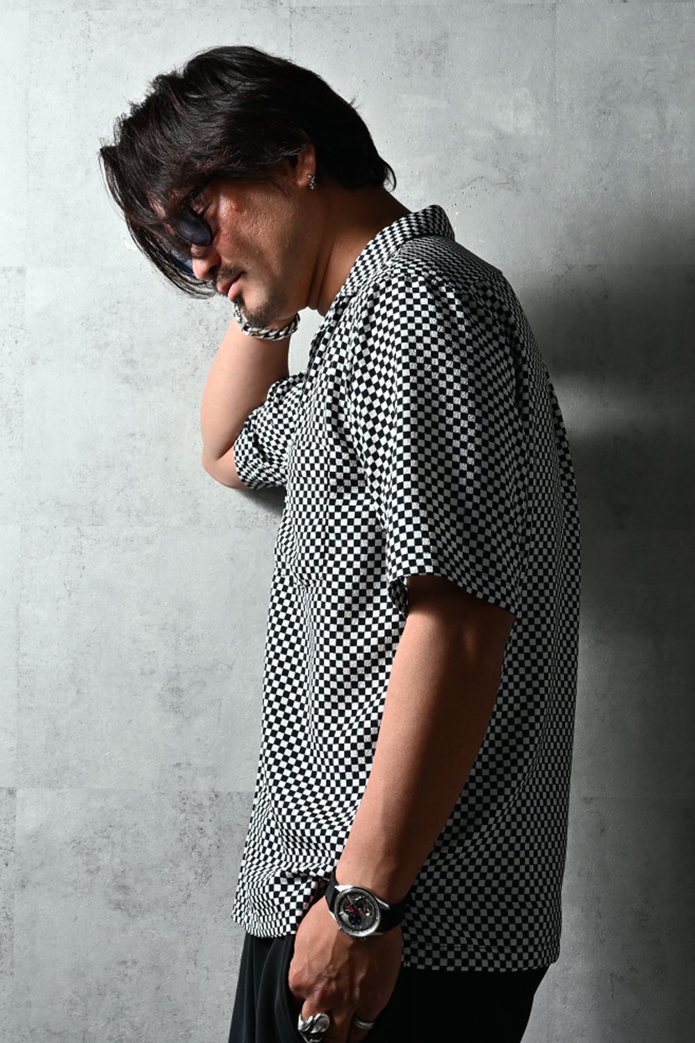 ICHIMATU SHIRTS / 市松模様 ハーフスリーブ オープンカラーシャツ (ブラック/ホワイト) (3月中旬入荷予定) ※オーダー締切12/13(土)17:00