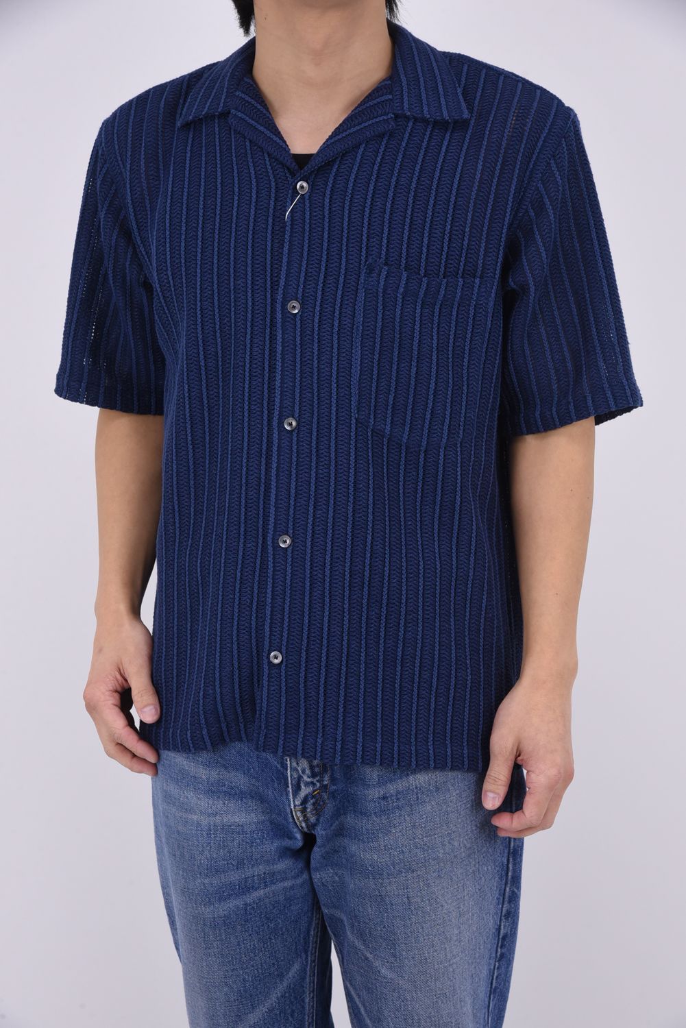 RUSSEL SHIRTS / リラックスシルエット ラッセル織り オープンカラーシャツ (ネイビー)