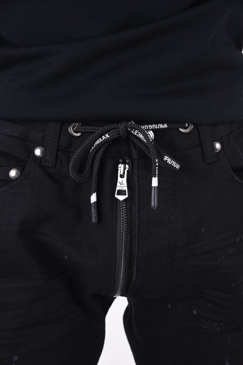 DENIM PANTS / フェイクファスナー ボタンフライ ダメージデニム ブラック