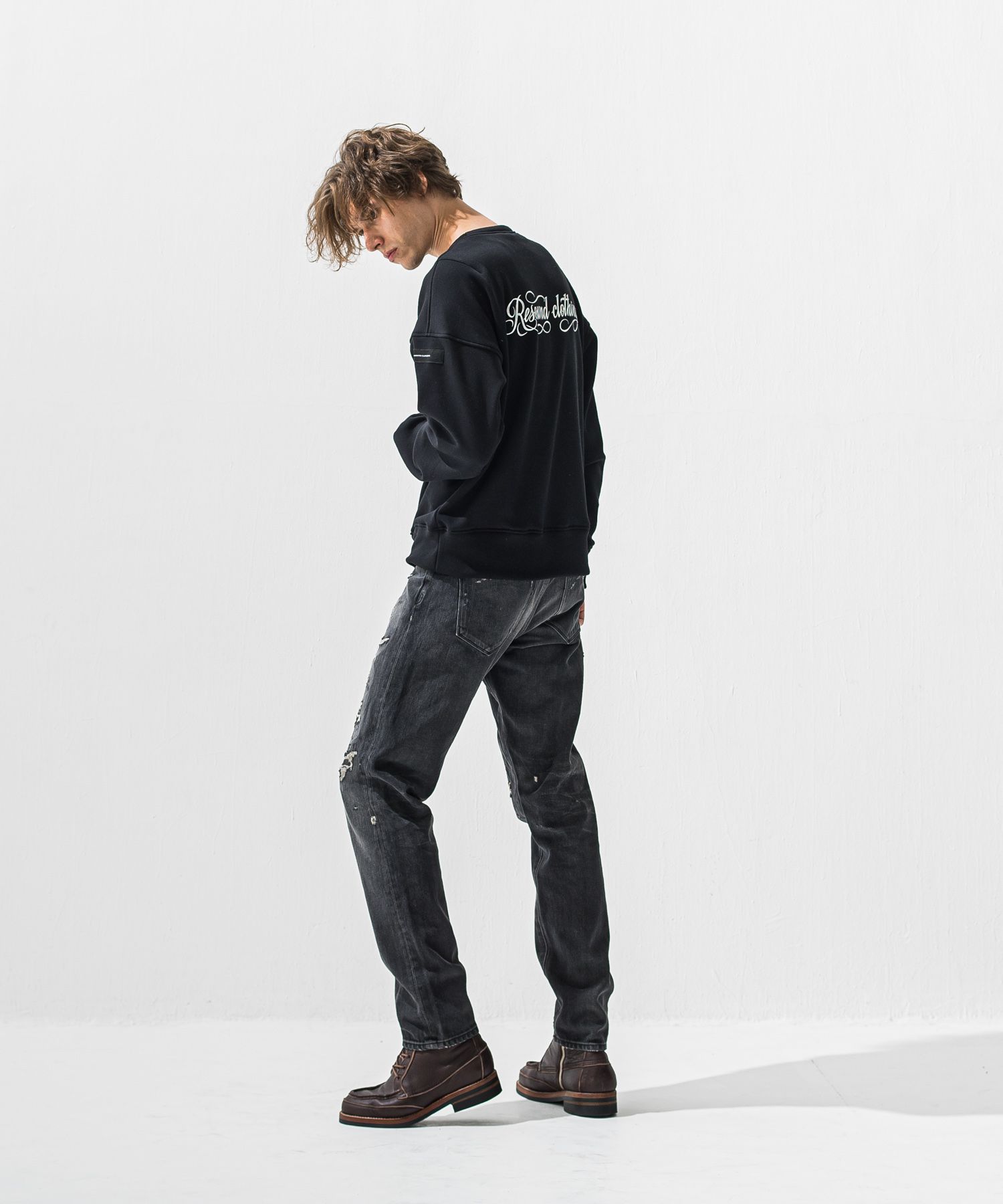 PIN ST RC VELOURS FLEECE DROP TRAINER / ピンストライプロゴ 裏起毛 ルーズトレーナー (ブラック) (11月上旬入荷予定) ※オーダー締切:9月7日(月)17時