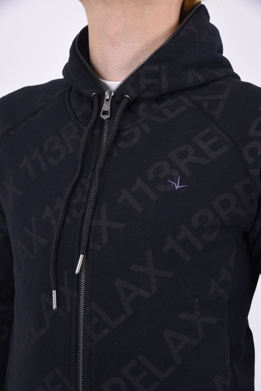 DIAGONAL LOGO HOODIE / サイドリブ ダイアゴナルロゴ ジップアップパーカー ブラック
