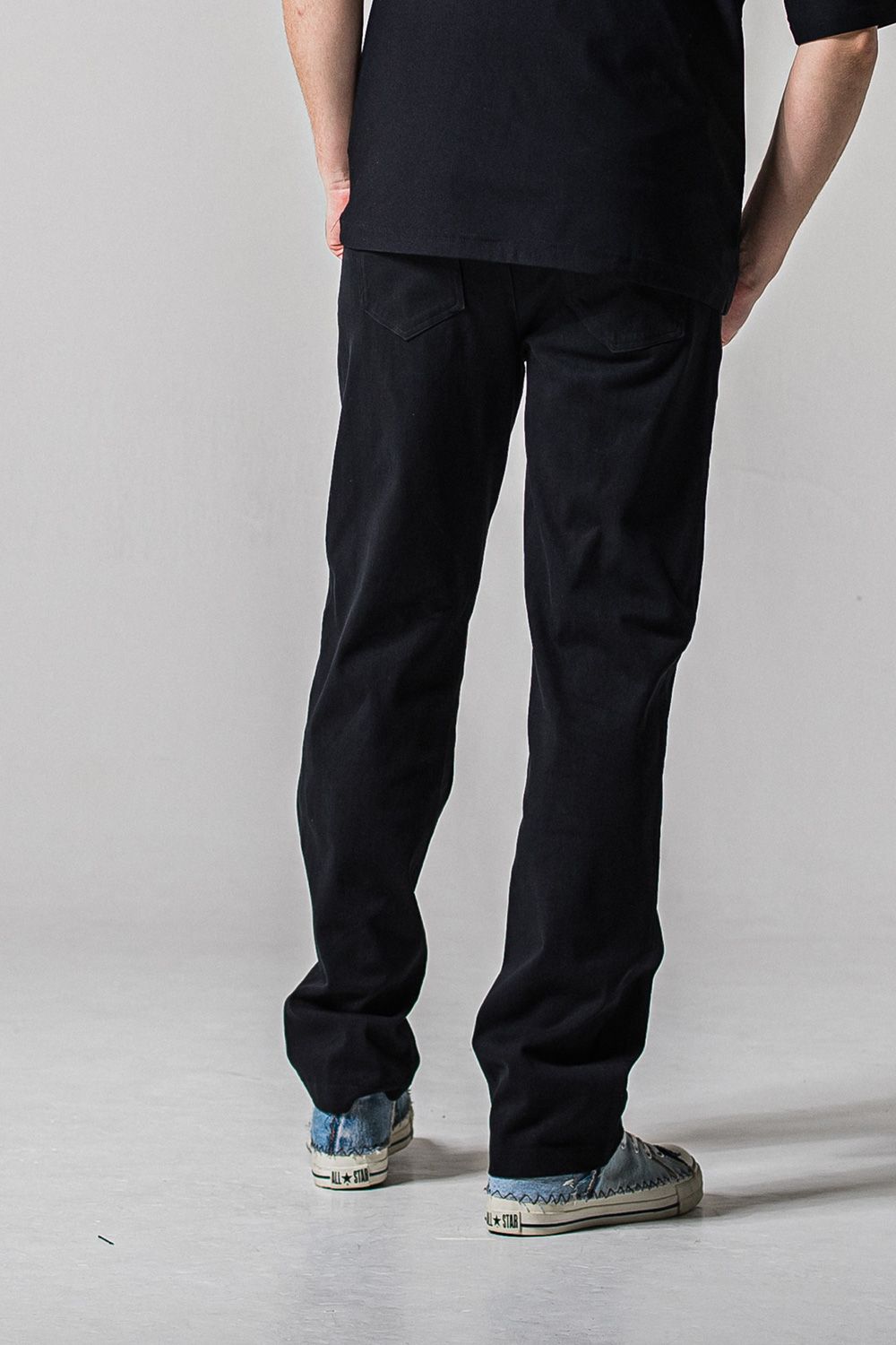 DENIM JERSEY WIDE PT / ジャージデニム セミワイド ワンタック スラックス型イージーパンツ (ブラック) (1月末入荷予定)