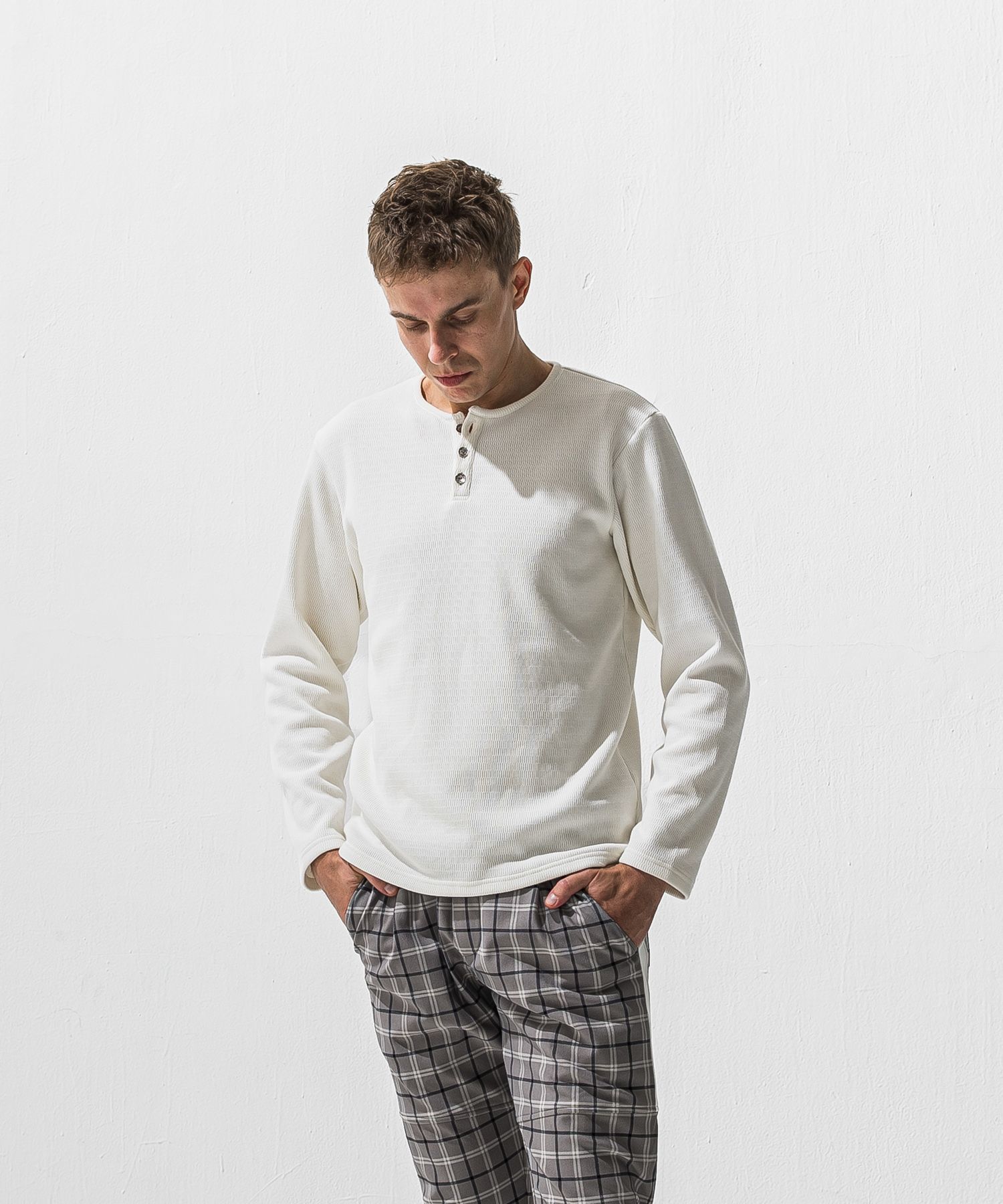 VELOURS FLEECE THERMAL HENRY / 裏起毛 サーマル生地 ロングスリーブ ヘンリーネック (ホワイト) (10月下旬入荷予定) ※オーダー締切:9月7日(月)17時