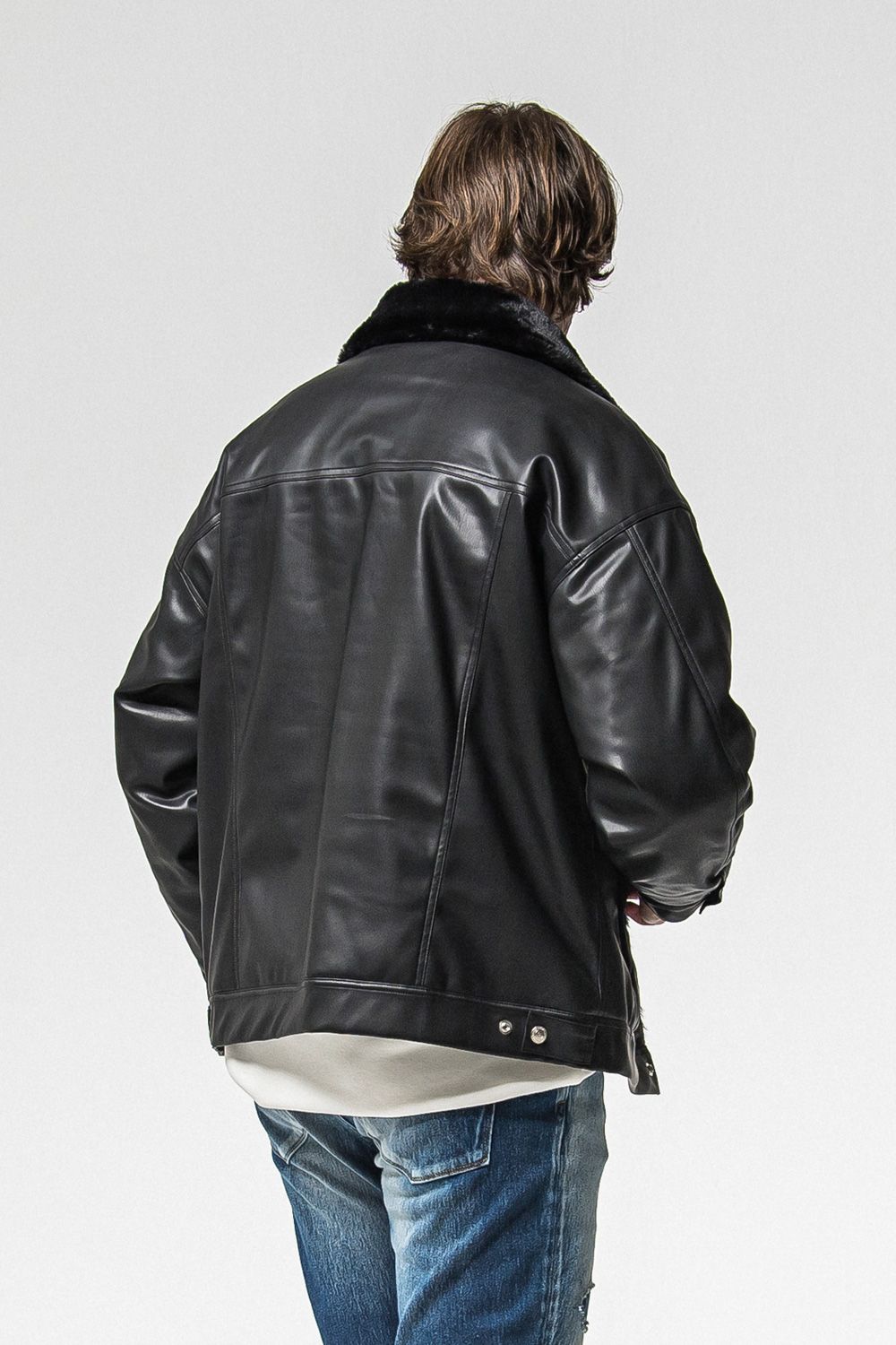 LEATHER FUR OVER  G /  エコレザー オーバーサイズ デニムジャケット (ブラック) (11月中旬入荷予定) ※オーダー締切：9月1日(月)18:00