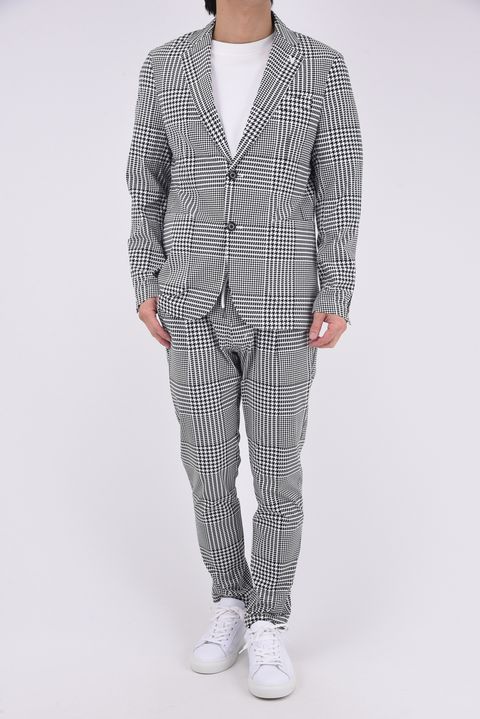 【26SS】【セットアップ】 GLEN CHECK NYLON JACKET & SLACKS / グレンチェック テーラードシングルジャケット&イージースラックス (ホワイト/ブラック)