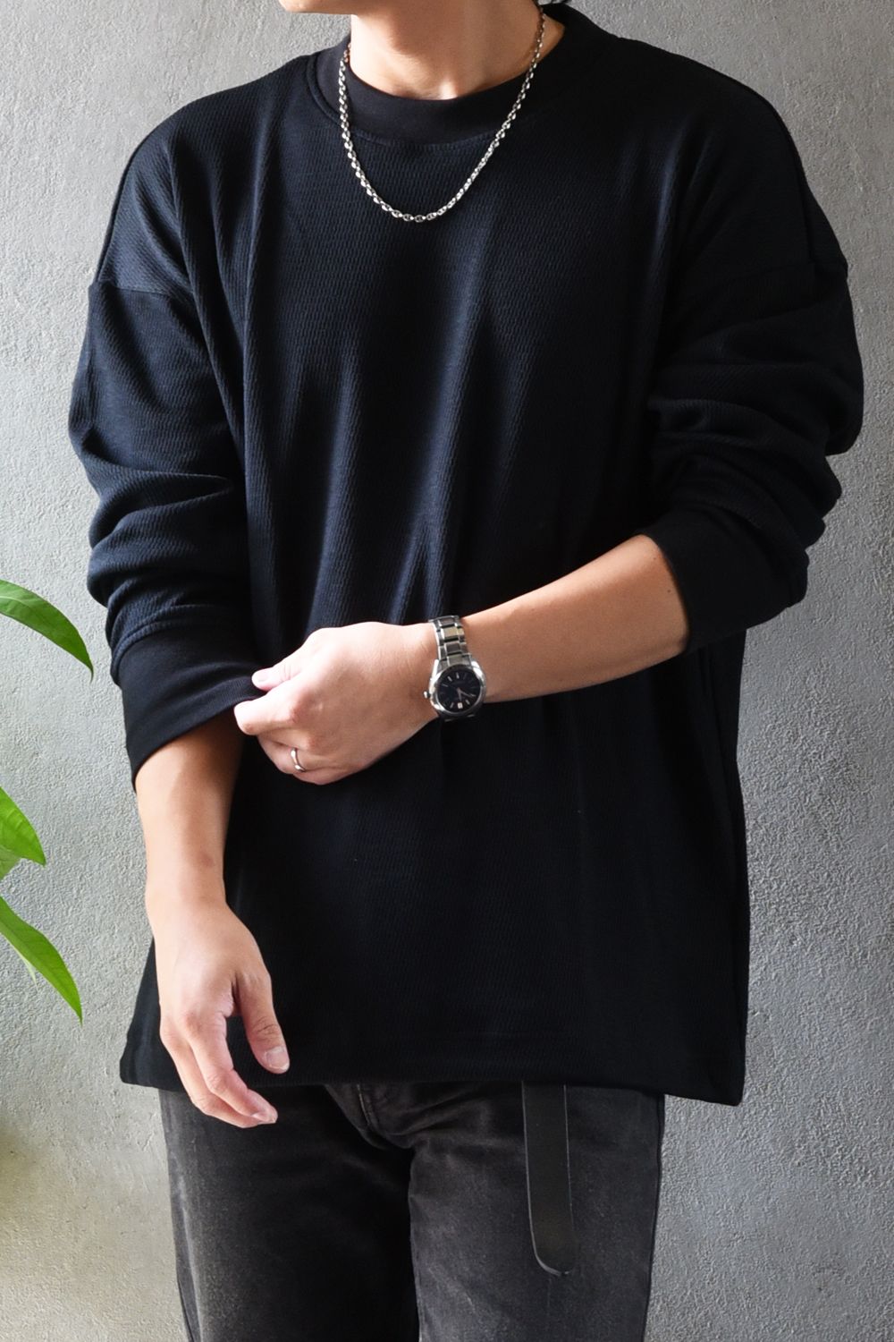 【gossip 20th別注アイテム】 DRAWSTRING THERMAL LOOSE CUTSEW / ドローストリング 特注サーマル ロングスリーブTシャツ  (ブラック)
