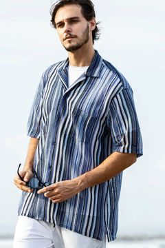 GAP KNIT STRIPED SHIRT / 透かし編み ストライプニット シャツ ブルー