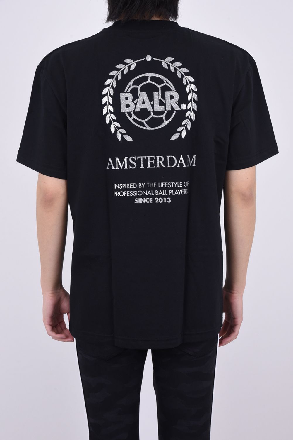 Crest Print Back Amsterdam Box Fit T-Shirt / ブランドロゴ 刺繍 ラメプリント クルーネック 半袖  Tシャツ ブラック - S