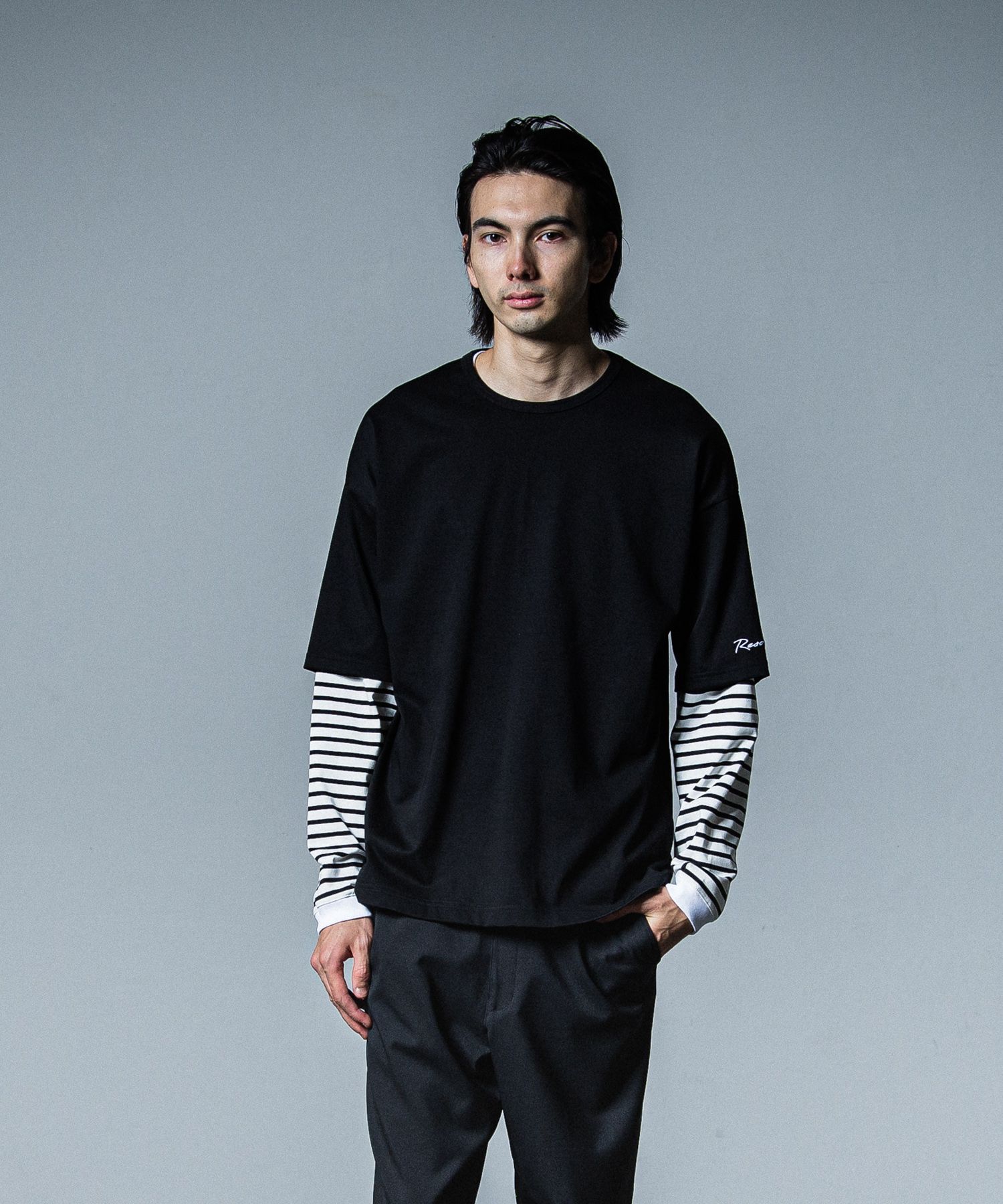 FAKE LAYERED LONGSLEEVE / ロングスリーブフェイクレイヤードTシャツ ブラックボーダー
