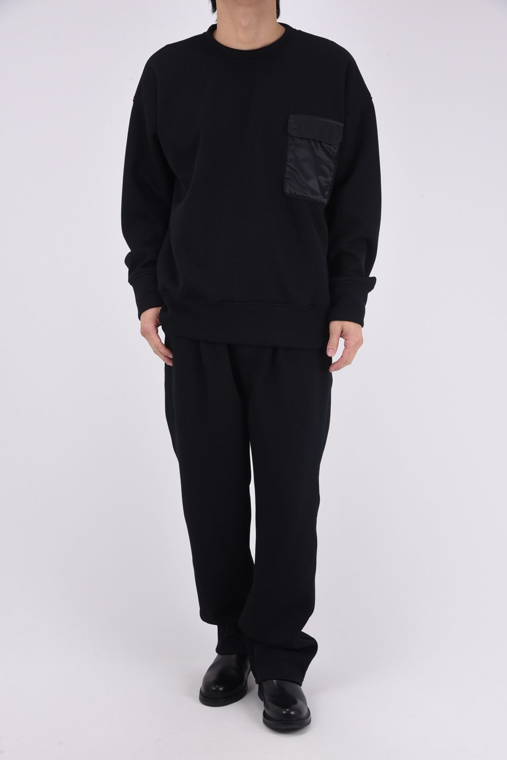 【26SS 39th】 AZE MILITARY DROP TRAINER / 畦編みニット フラップポケット スウェット (ブラック)