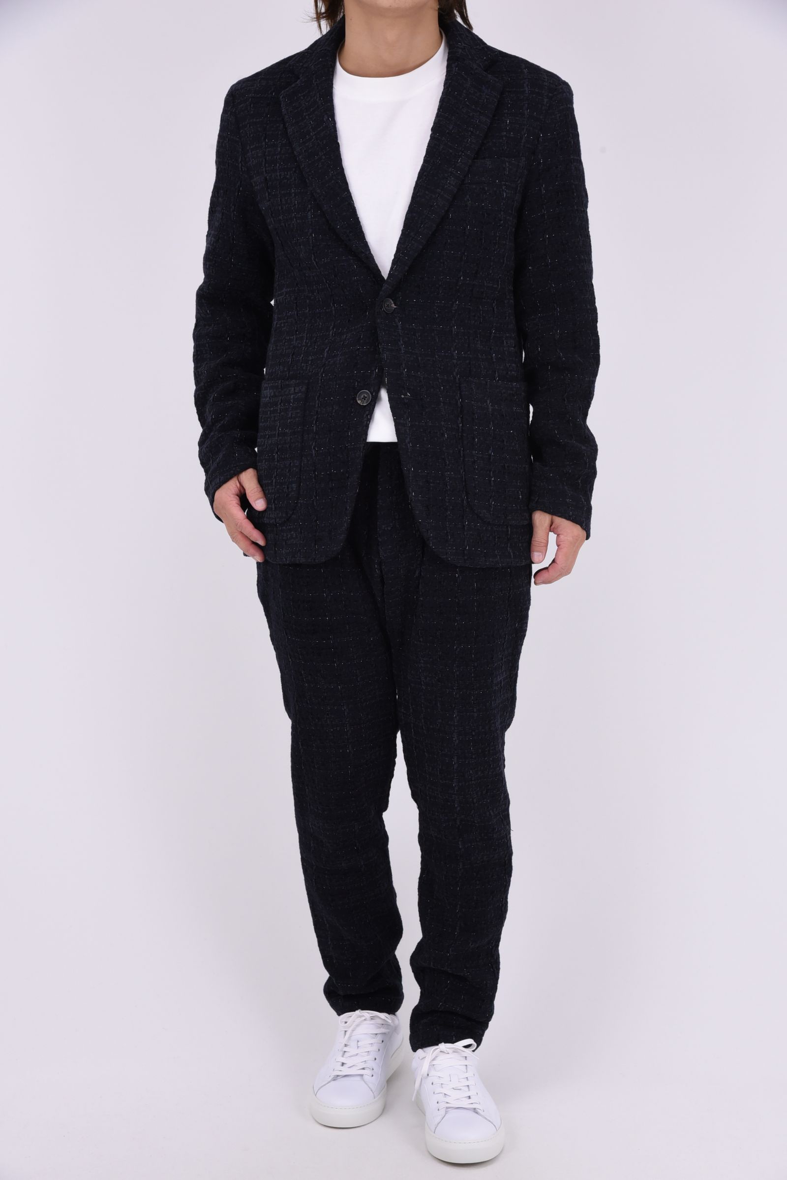 【26AW】【セットアップ】 LAME SQUARE JACQUARD JACKET & SLACKS / ファンシーツイード テーラードシングルジャケット&イージースラックス (ネイビー)