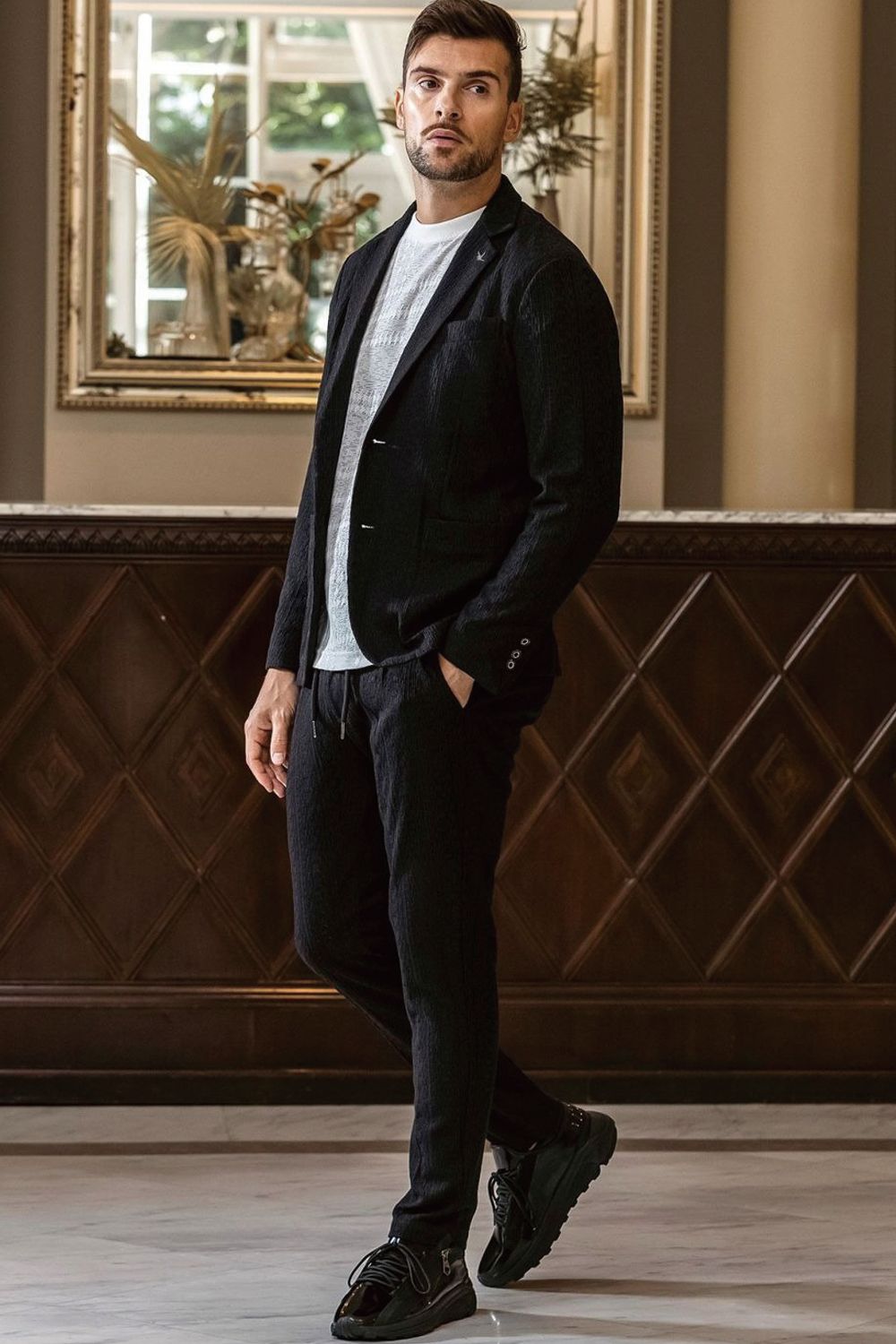 【26SS】【セットアップ】 LINEN TOUCH JACQUARD JACKET & SLACKS / リネンタッチ テーラードシングルジャケット&イージースラックス (ブラック)