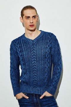 V-NECK CABLE PULLOVER INDIGOISM / ケーブル編み Vネック ニット ブルーユーズド