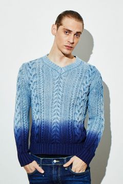 V-NECK CABLE PULLOVER INDIGO TWO TONE / ケーブル編み Vネック ニット ブルーハードユーズド