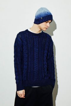 Crew neck cable pullover INDIGOISM / インディゴ染め ケーブル編み クルーネックニット ブルーワンウォッシュ