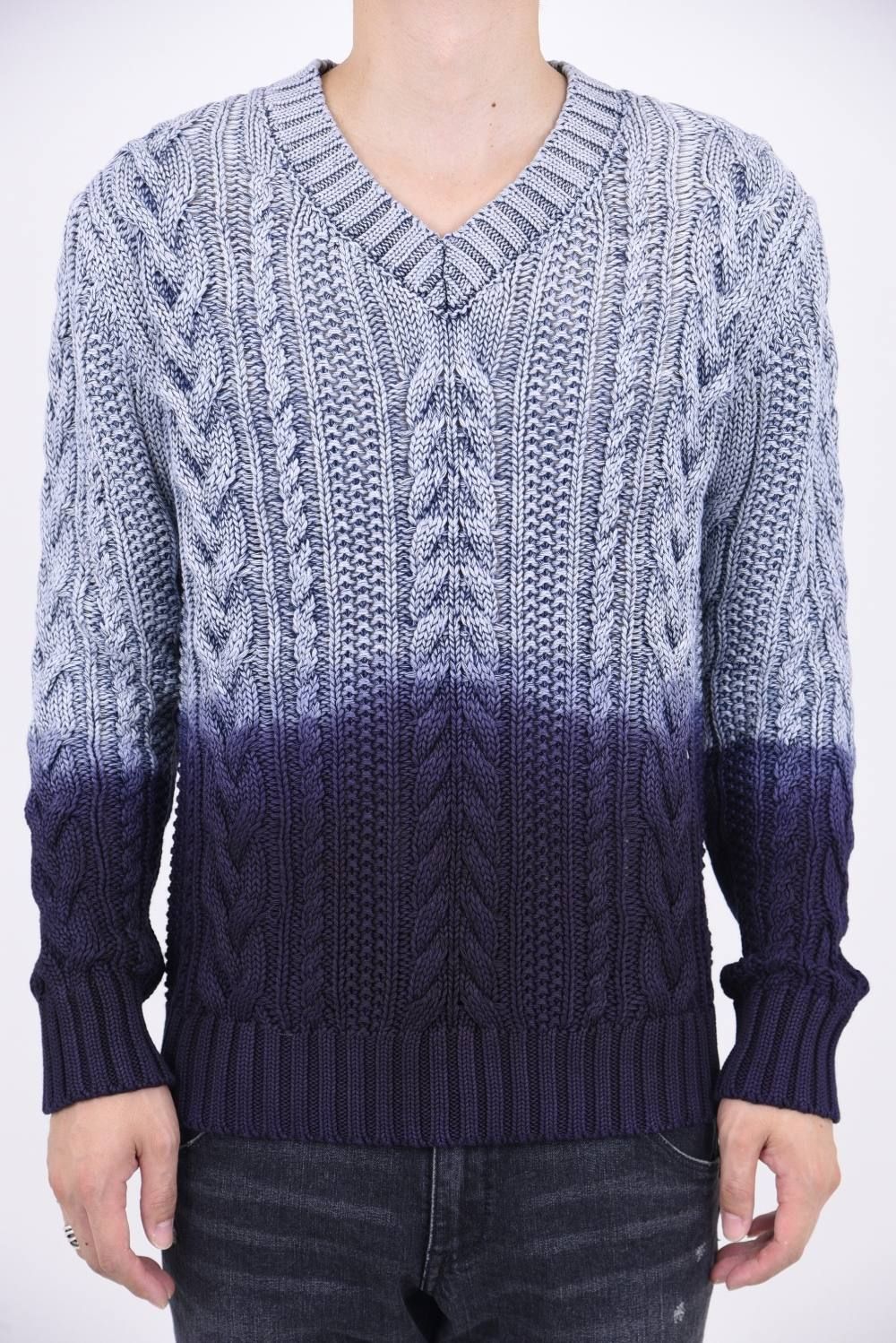 V-NECK CABLE PULLOVER INDIGO TWO TONE / ケーブル編み Vネック ニット ブルーハードユーズド
