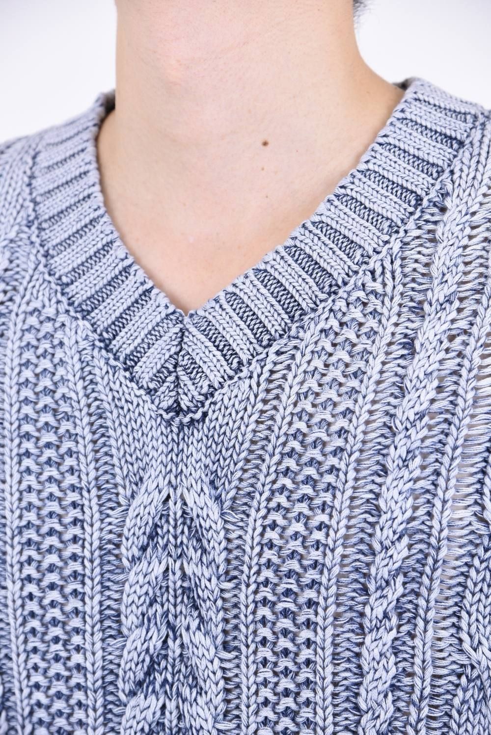 V-NECK CABLE PULLOVER INDIGO TWO TONE / ケーブル編み Vネック ニット ブルーハードユーズド