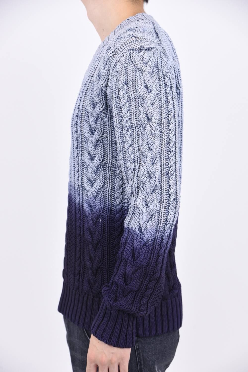 V-NECK CABLE PULLOVER INDIGO TWO TONE / ケーブル編み Vネック ニット ブルーハードユーズド