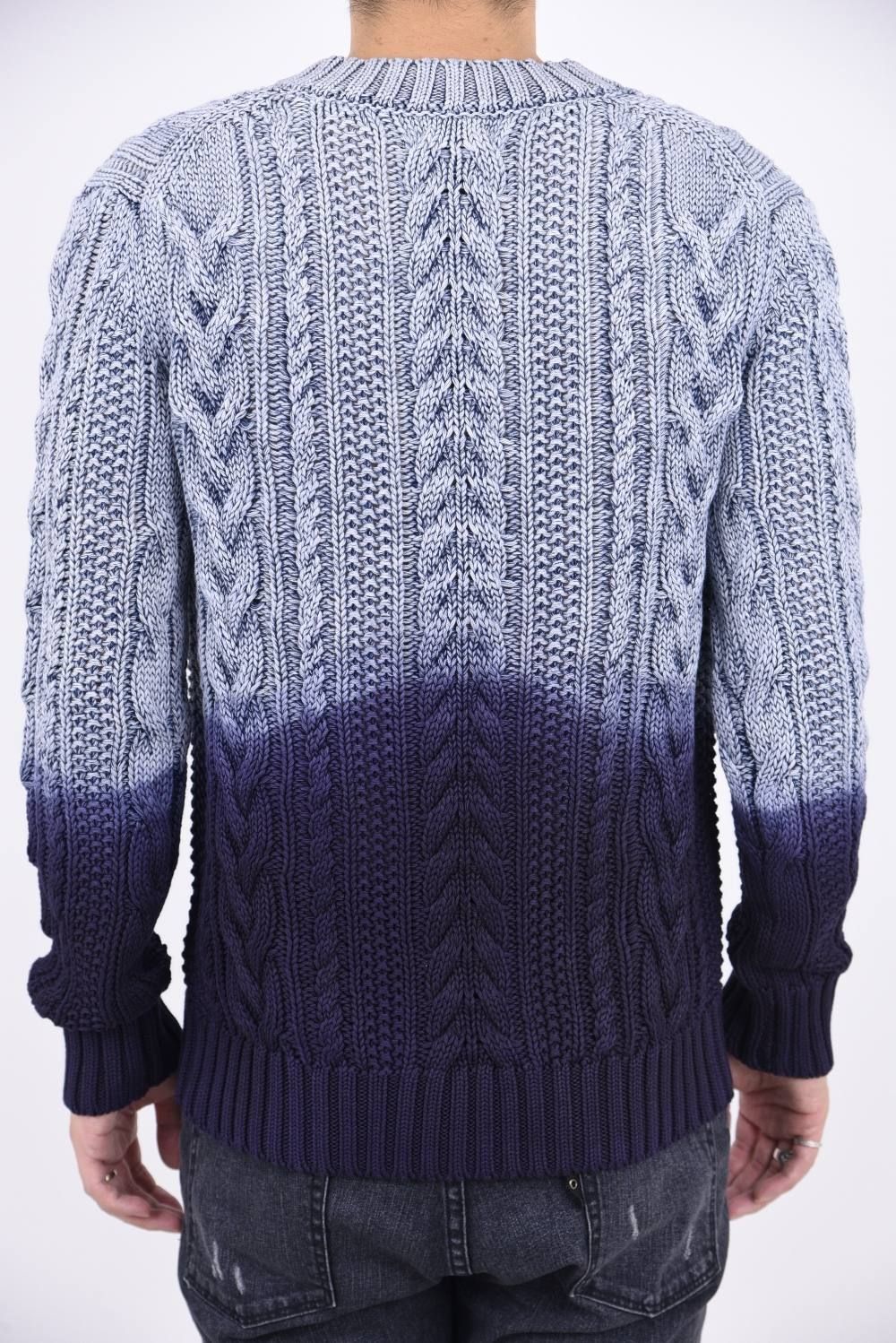 V-NECK CABLE PULLOVER INDIGO TWO TONE / ケーブル編み Vネック ニット ブルーハードユーズド