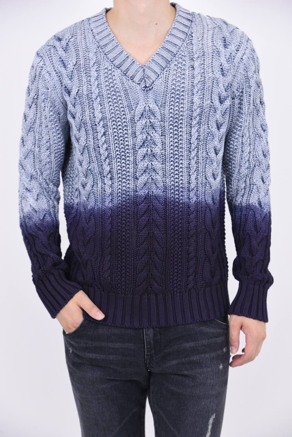V-NECK CABLE PULLOVER INDIGO TWO TONE / ケーブル編み Vネック ニット ブルーハードユーズド