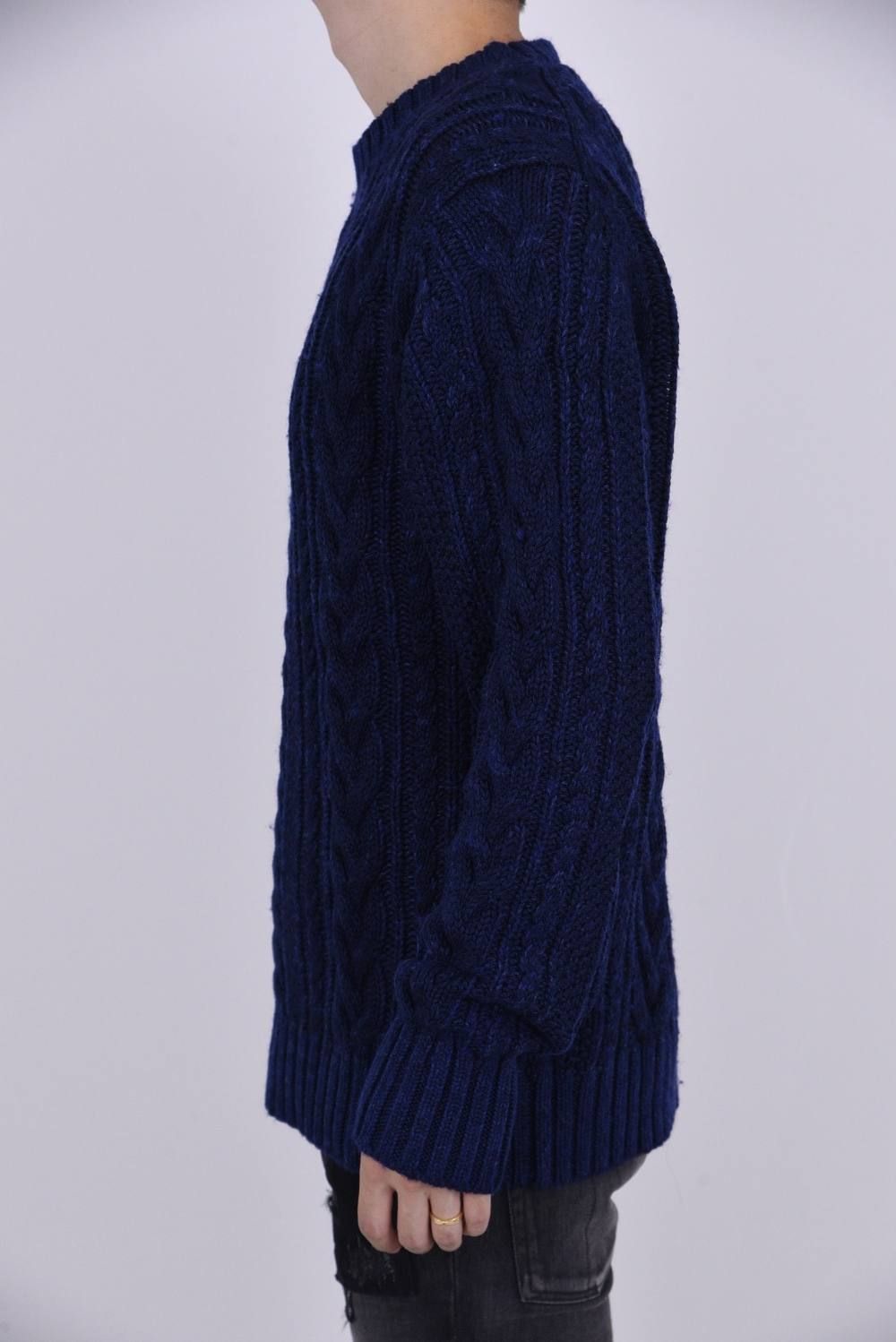 Crew neck cable pullover INDIGOISM / インディゴ染め ケーブル編み クルーネックニット ブルーワンウォッシュ