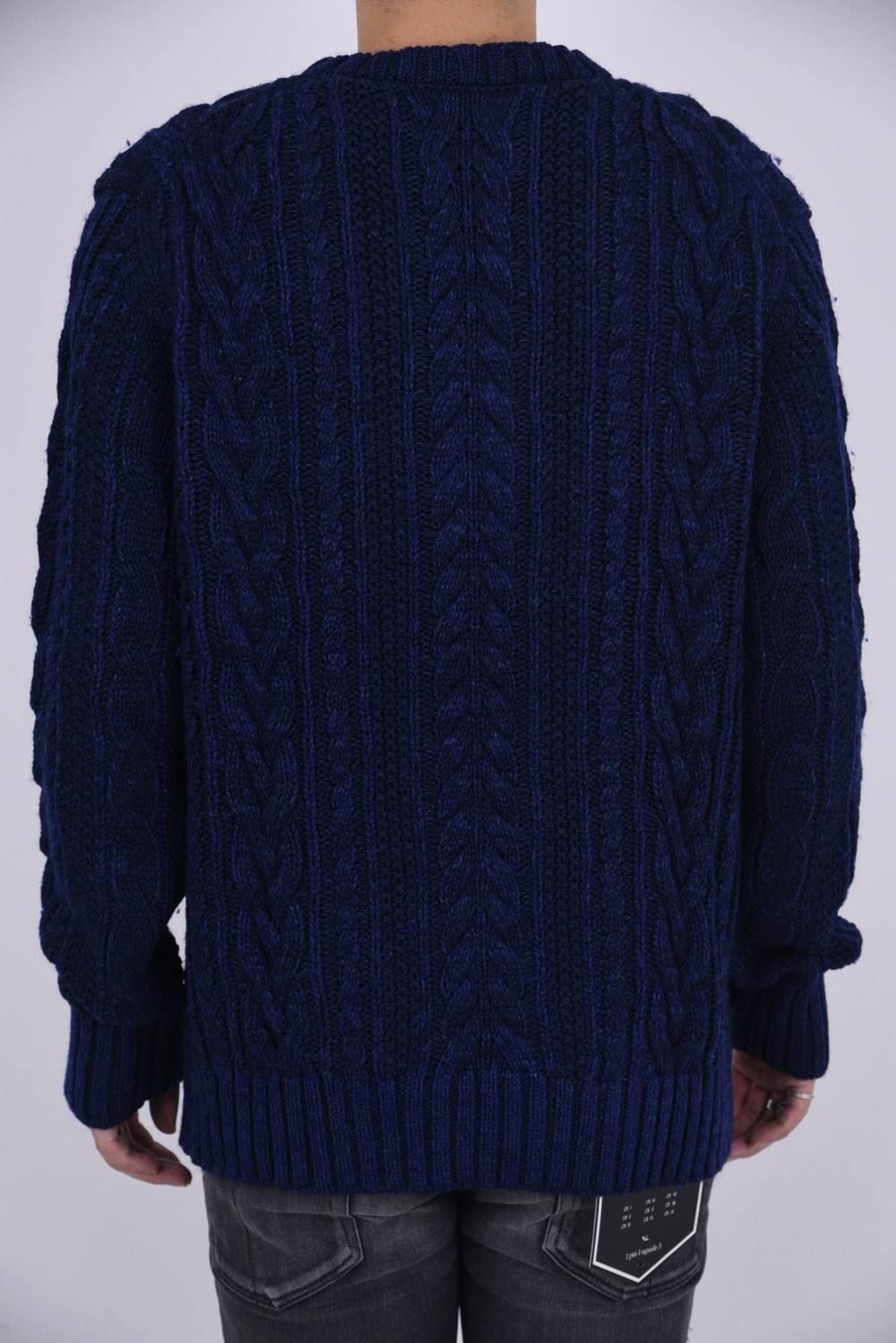 Crew neck cable pullover INDIGOISM / インディゴ染め ケーブル編み クルーネックニット ブルーワンウォッシュ