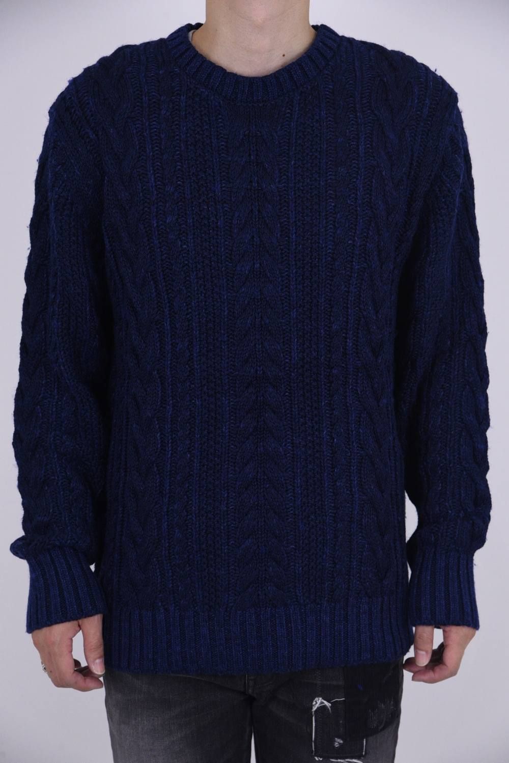 Crew neck cable pullover INDIGOISM / インディゴ染め ケーブル編み クルーネックニット ブルーワンウォッシュ
