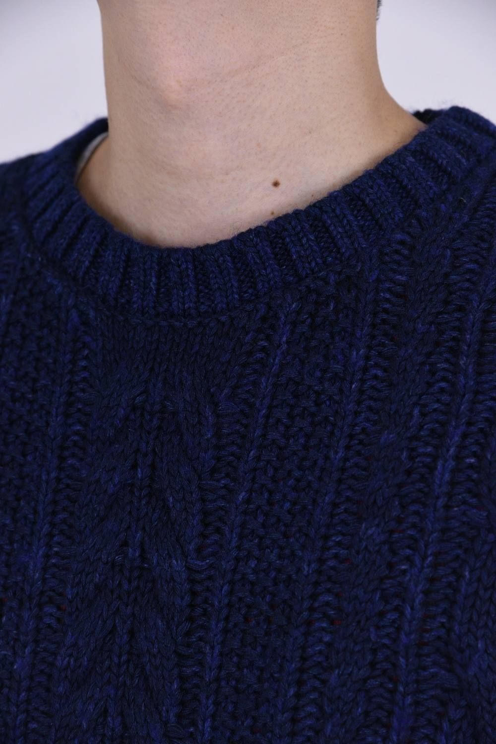 Crew neck cable pullover INDIGOISM / インディゴ染め ケーブル編み クルーネックニット ブルーワンウォッシュ