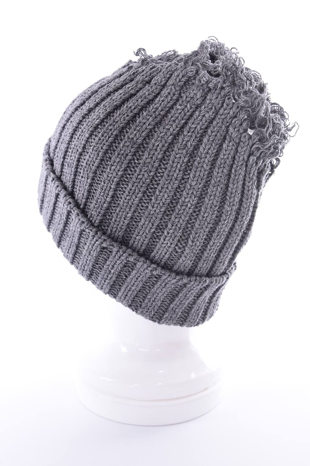 KNIT CAP / ダメージ コットン ニットキャップ グレー