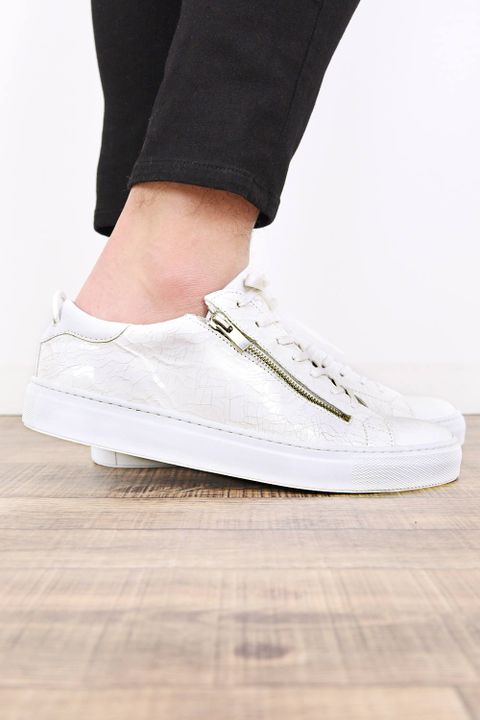 SAGE ZIP / ジップ付き エナメルクラック加工 ローカットスニーカー ホワイト